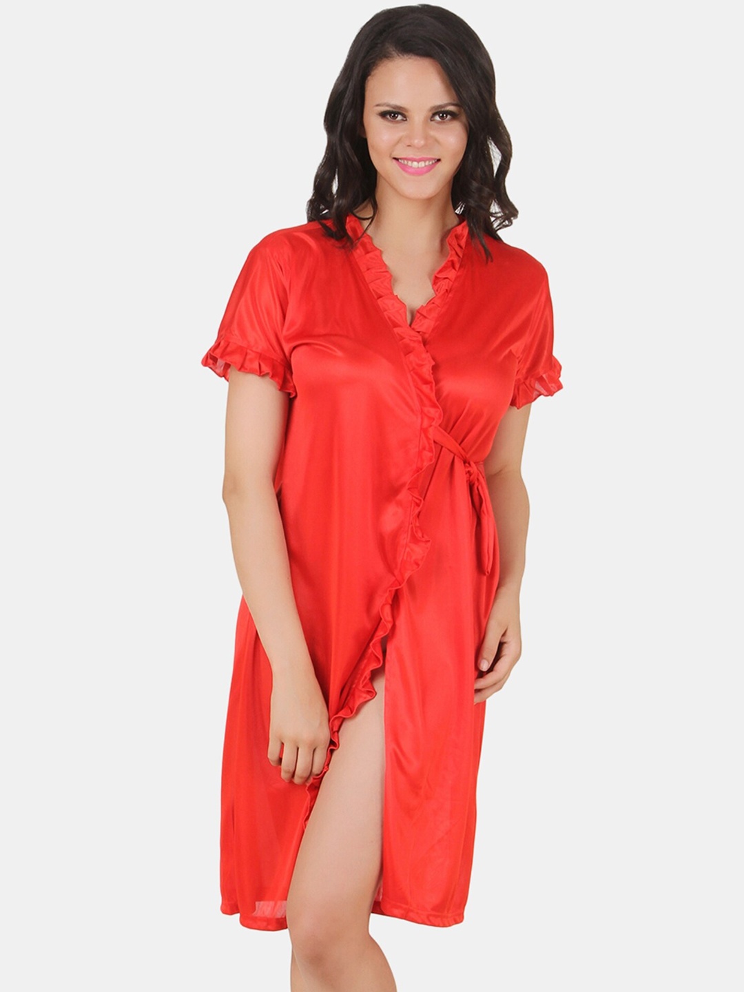 

Fasense V-Neck Short Sleeves Robe, Red