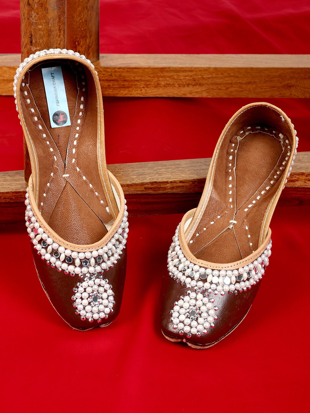 

PehnawaCraft Embellished Leather Square Toe Mojaris, Brown