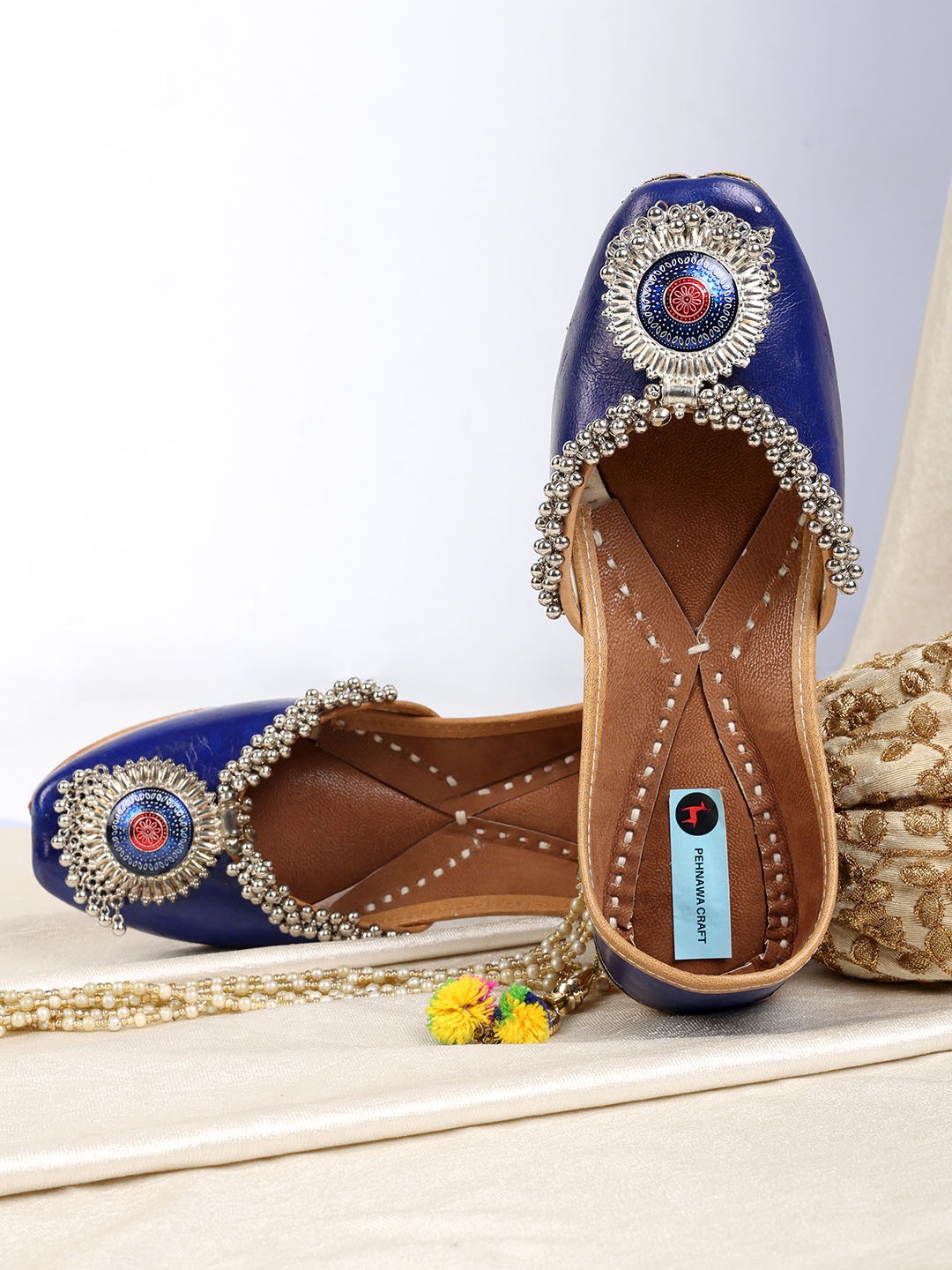 

PehnawaCraft Oxidised Meenakari Embellished Leather Handcrafted Mojaris, Navy blue
