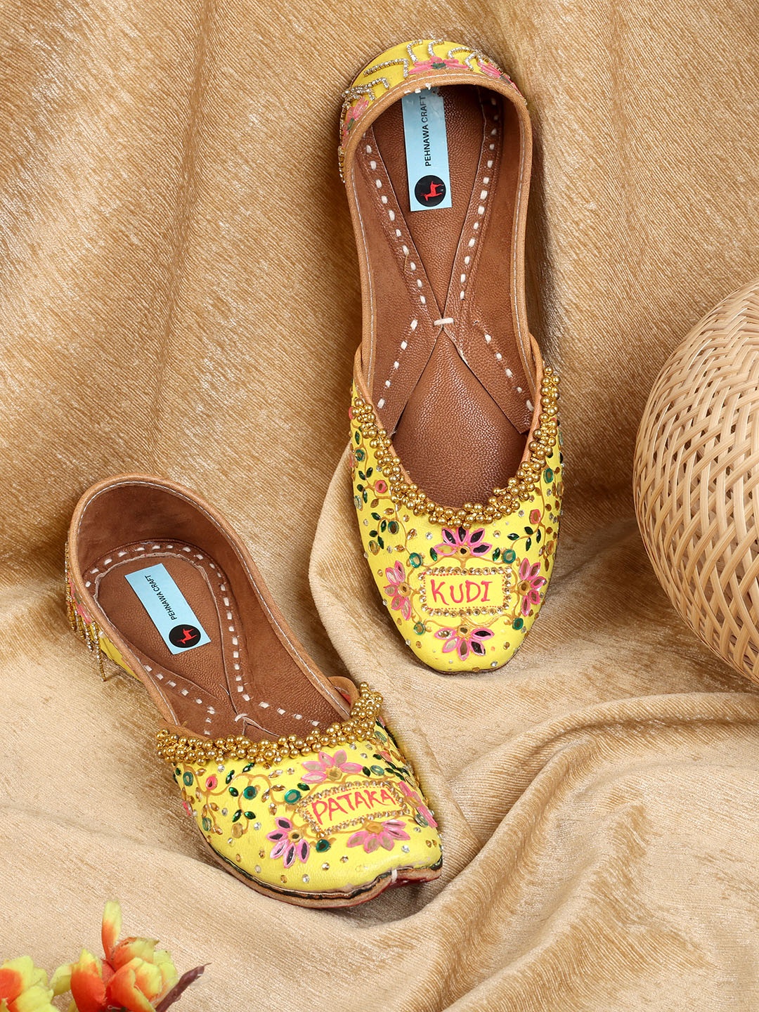 

PehnawaCraft Women Embellished Leather Mojaris, Yellow