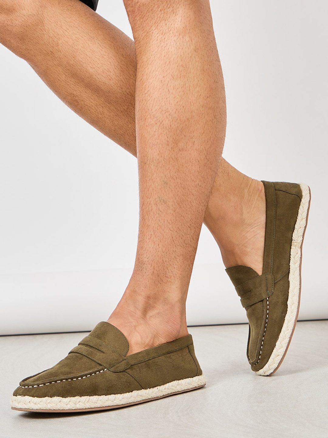 

Styli Men Faux Suede Contrast Jute Sole Loafer Espadrilles, Khaki