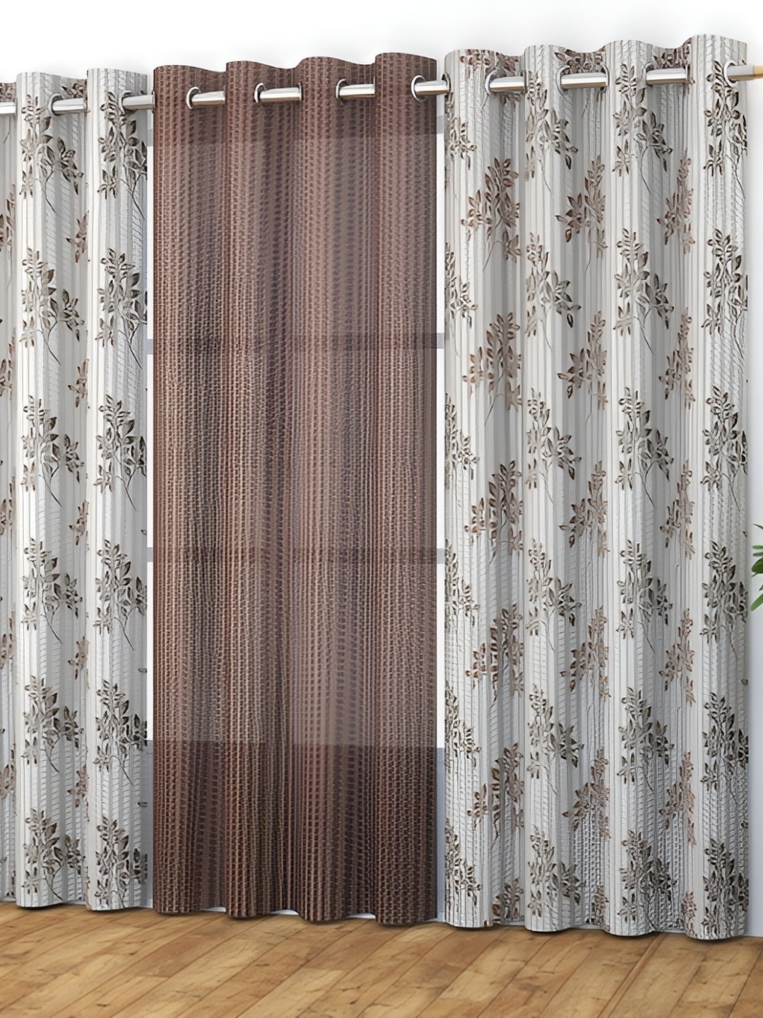 

MSD DECOR HUB Brown & White 3 Pcs Floral Sheer Door Curtain