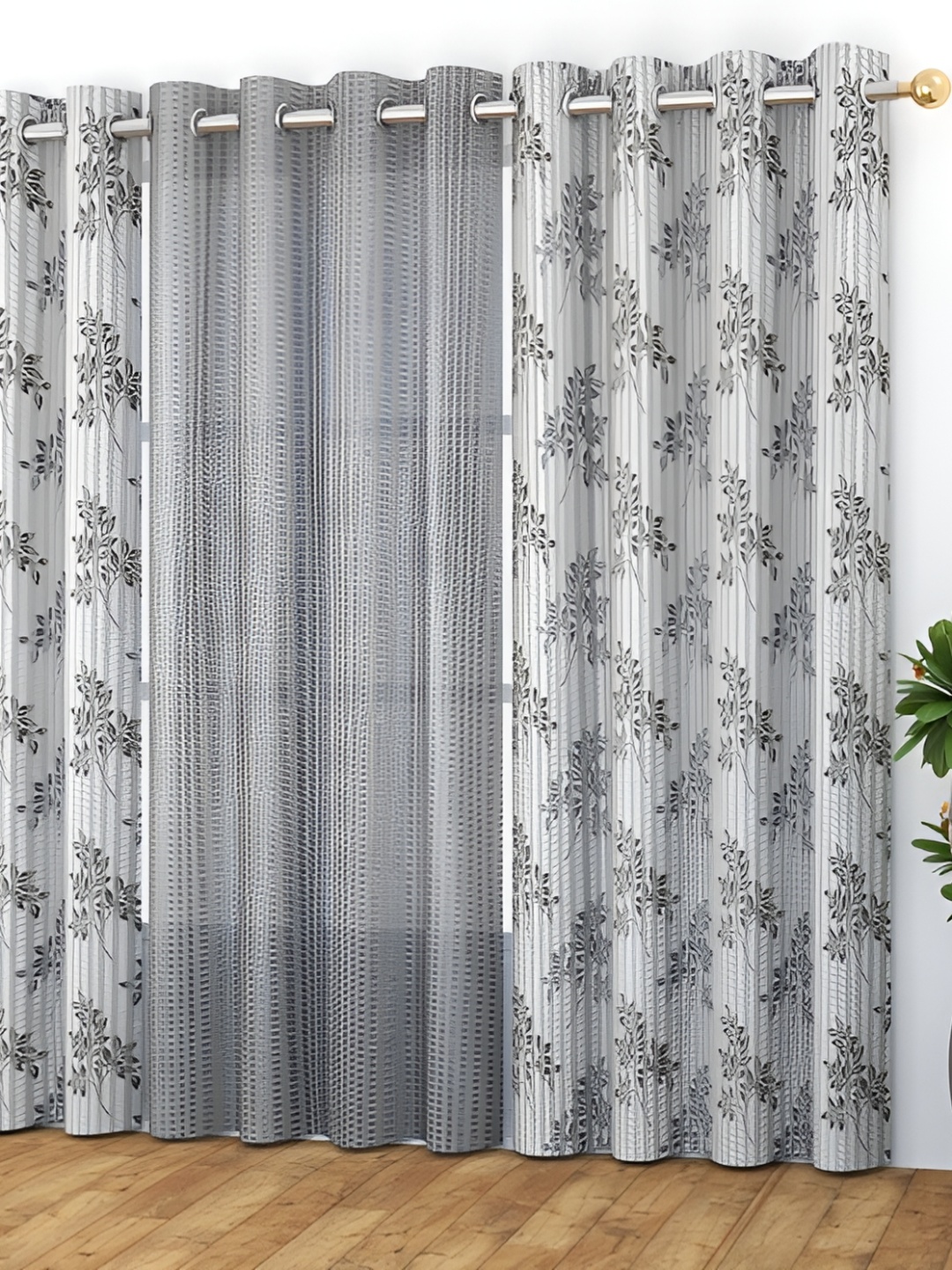 

MSD DECOR HUB Grey & White 3 Pcs Floral Sheer Door Curtain