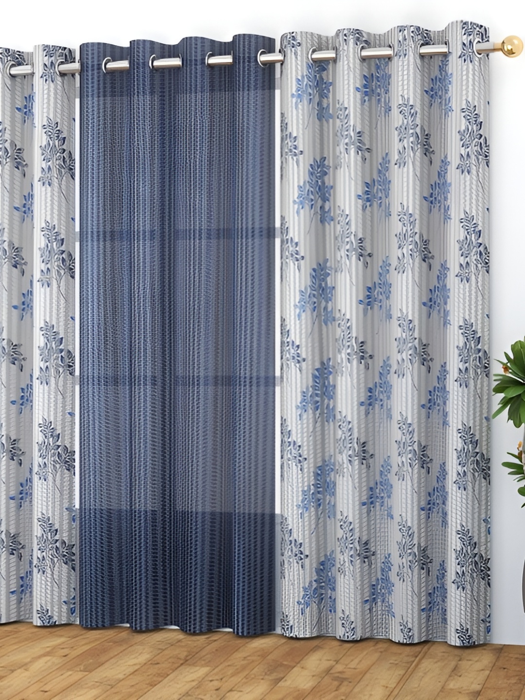 

MSD DECOR HUB Blue & White 3 Pcs Floral Sheer Door Curtain