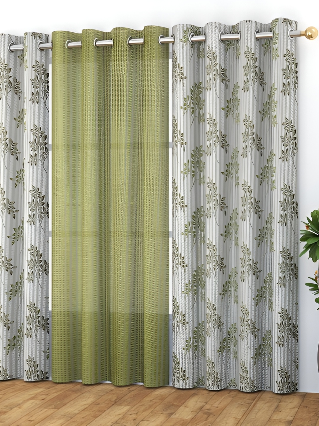 MSD DECOR HUB Green & White 3 Pcs Floral Sheer Door Curtain