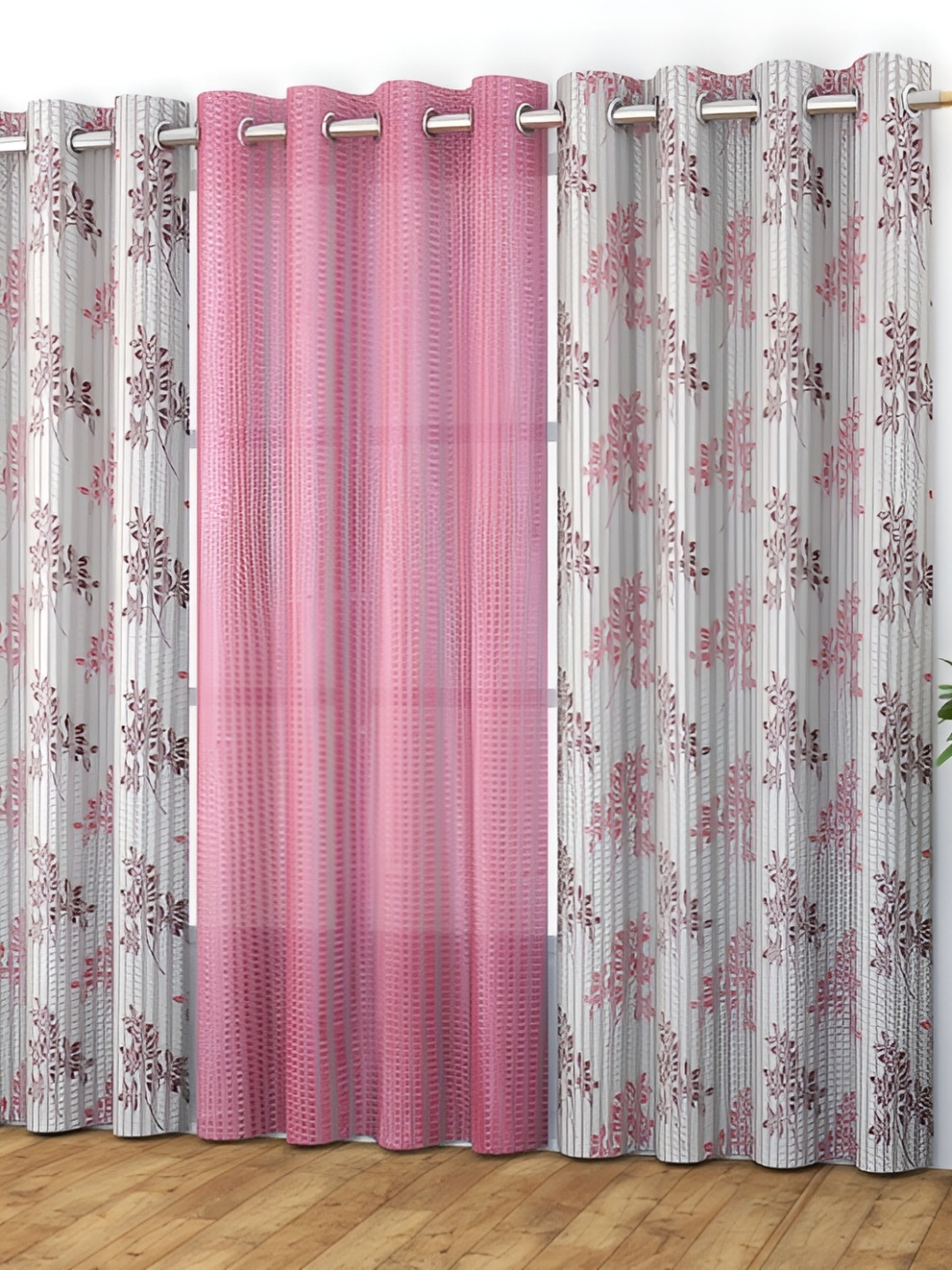 

MSD DECOR HUB Pink & White 3 Pcs Floral Sheer Long Door Curtain