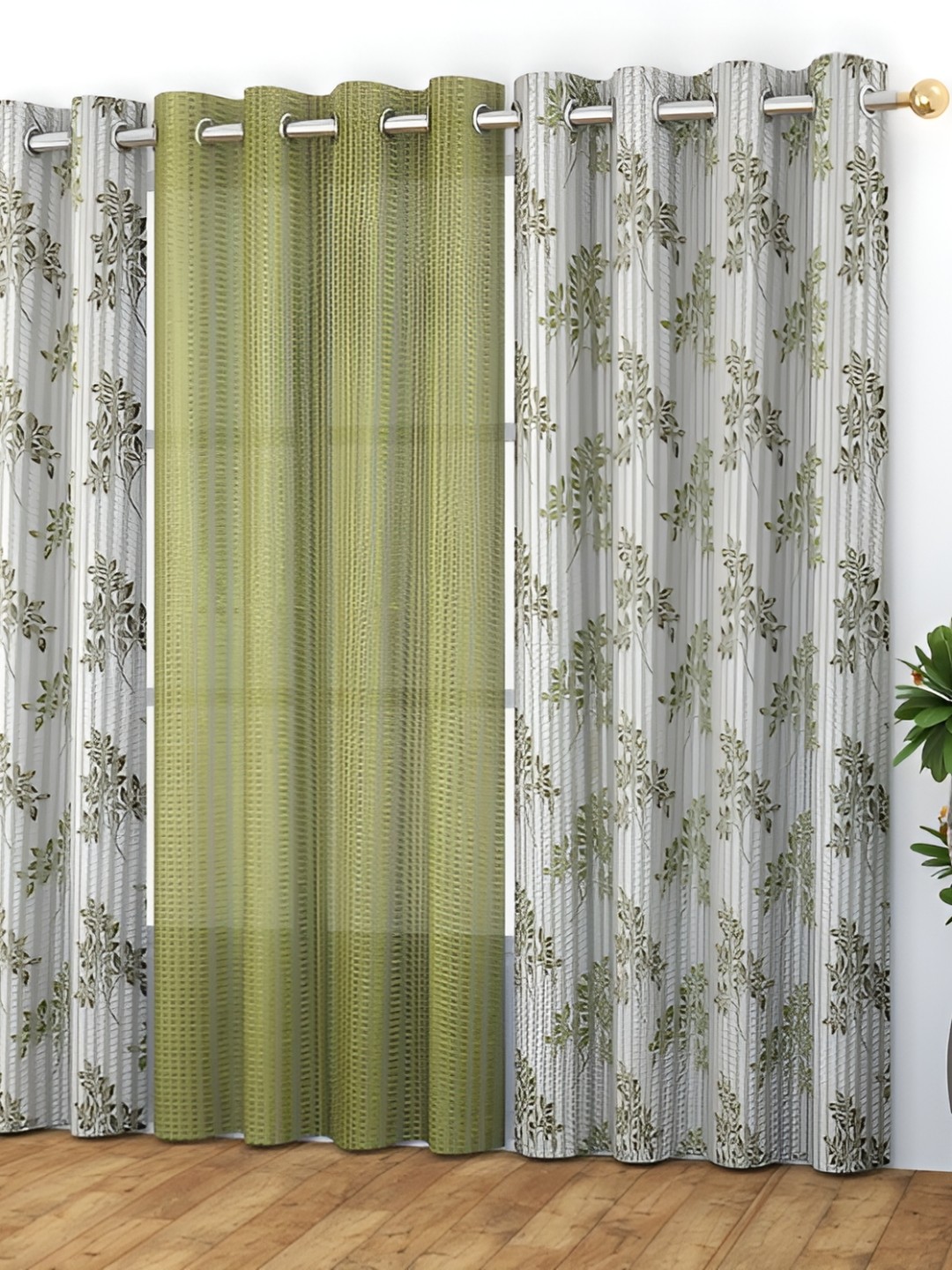 

MSD DECOR HUB Green & White 3 Pcs Floral Sheer Long Door Curtain