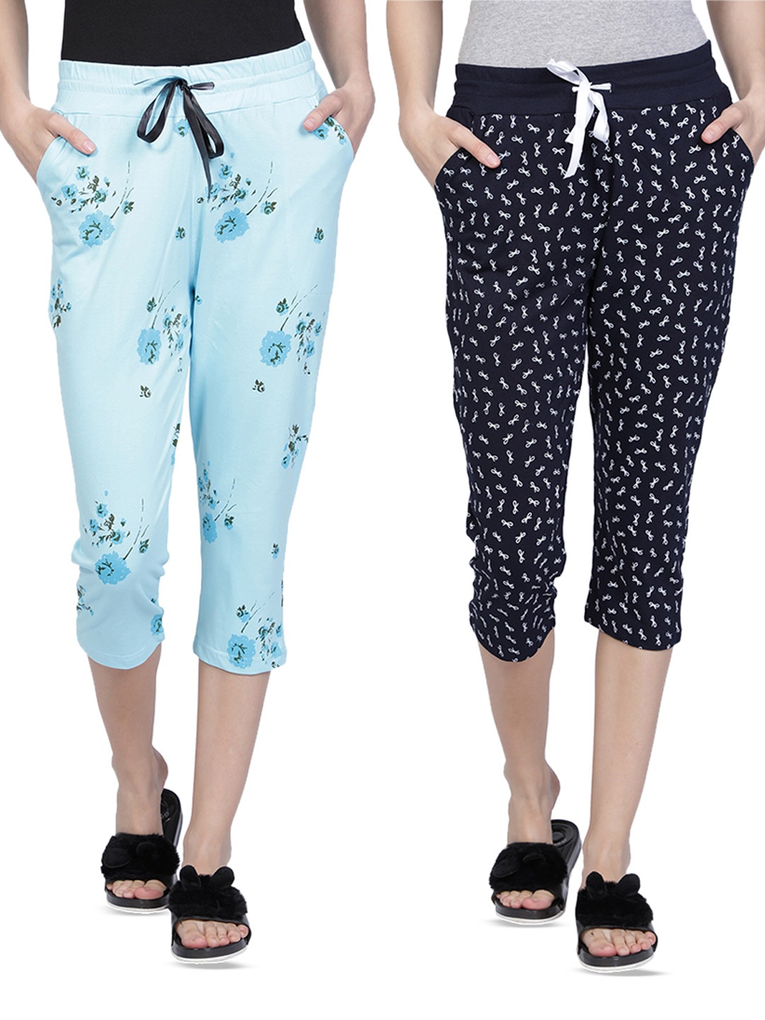 

CLUB A9 Pack of 2 Printed Pure Cotton Lounge Capris, Blue