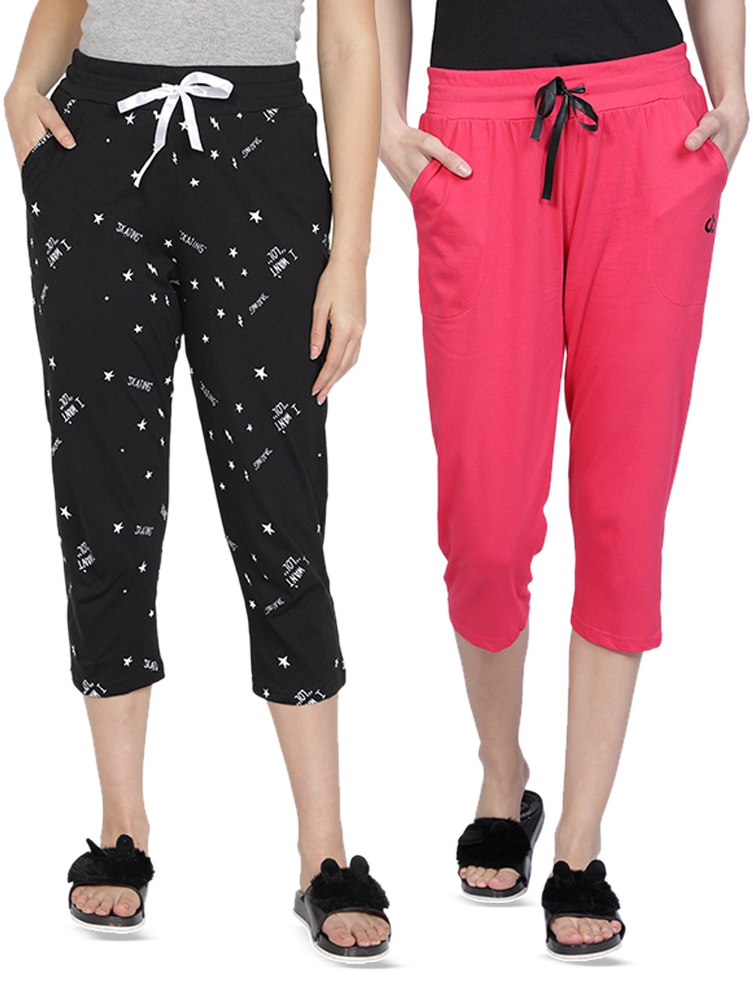 

CLUB A9 Pack of 2 Printed Pure Cotton Lounge Capris, Black
