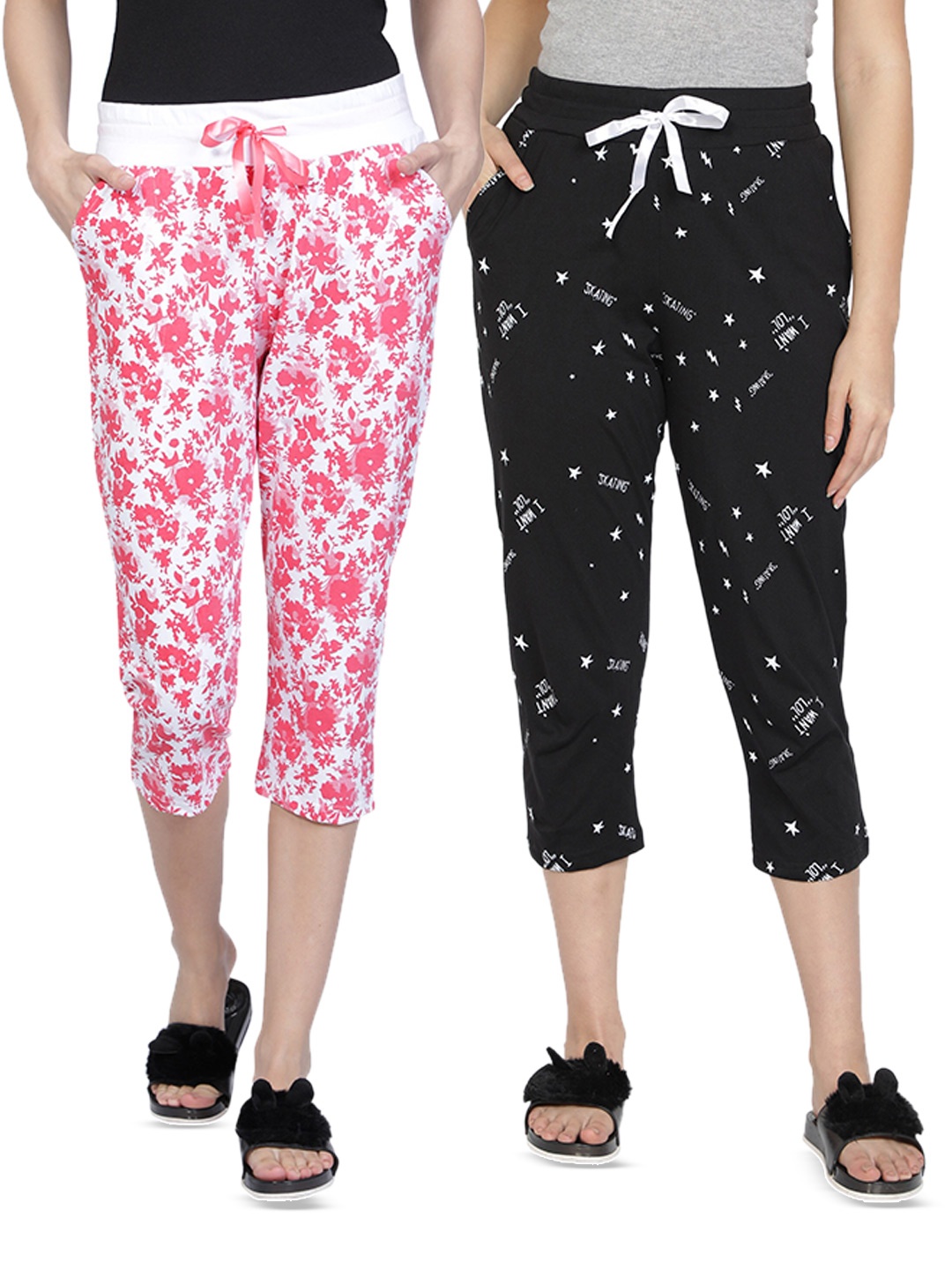 

CLUB A9 Pack Of 2 Mid-Rise Printed Pure Cotton Lounge Capri, White