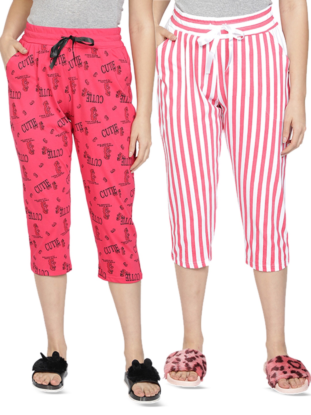 

CLUB A9 Pack Of 2 Mid-Rise Printed Pure Cotton Lounge Capri, White