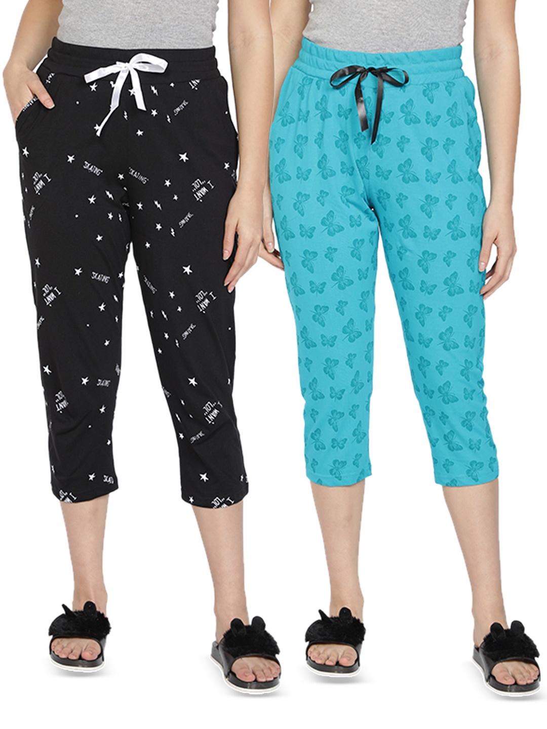 

CLUB A9 Pack Of 2 Mid-Rise Printed Pure Cotton Lounge Capri, Blue