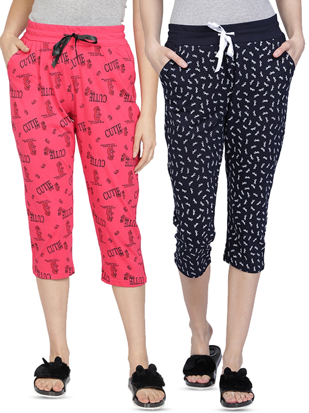 

CLUB A9 Pack Of 2 Mid-Rise Printed Pure Cotton Lounge Capri, Pink