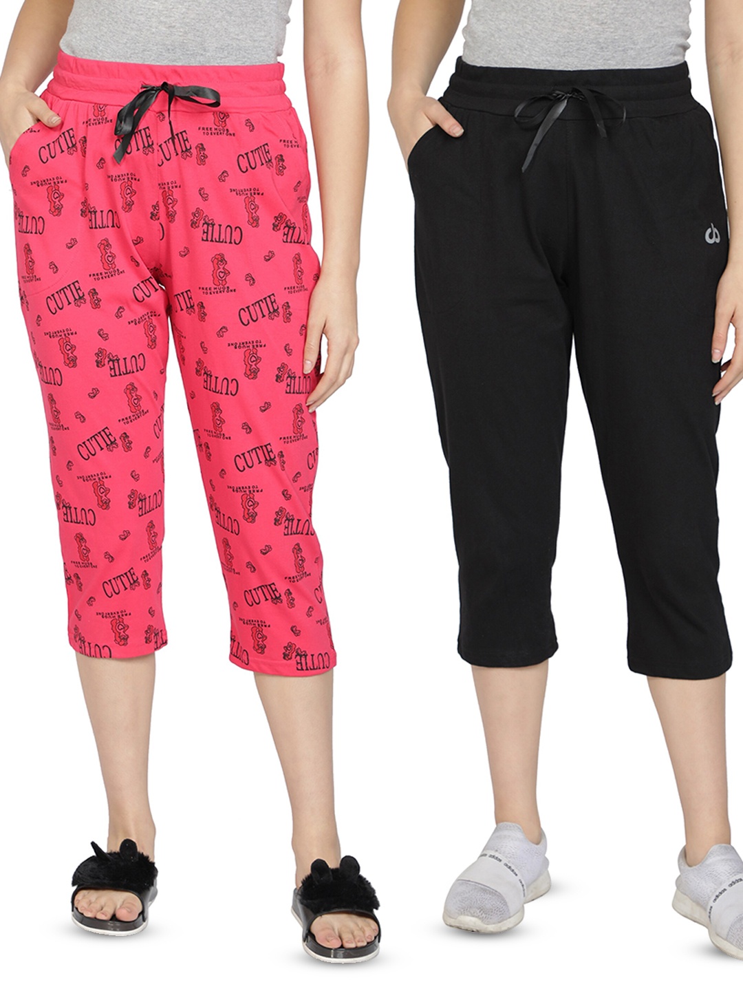 

CLUB A9 Pack Of 2 Women Printed Pure Cotton Capris, Black