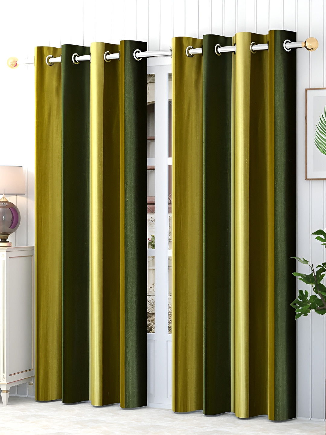 

MSD DECOR HUB Green 2 Pcs Striped Room Darkening Door Curtain