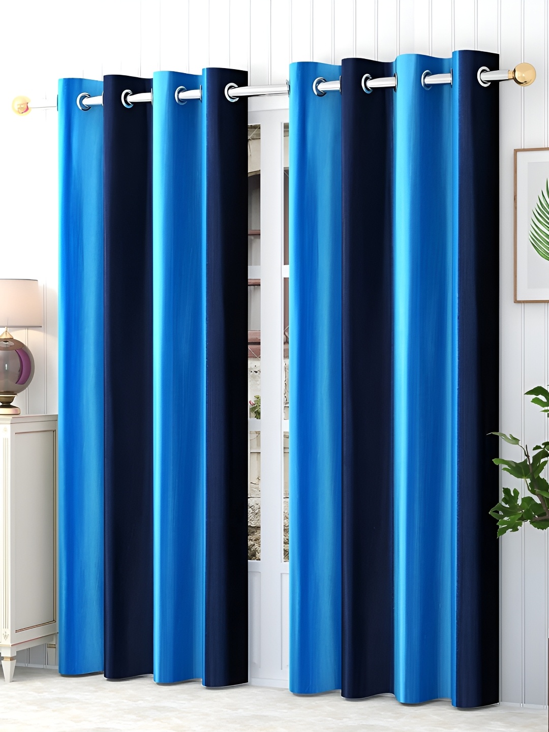 

MSD DECOR HUB Blue & Black 2 Pcs Striped Room Darkening Door Curtain