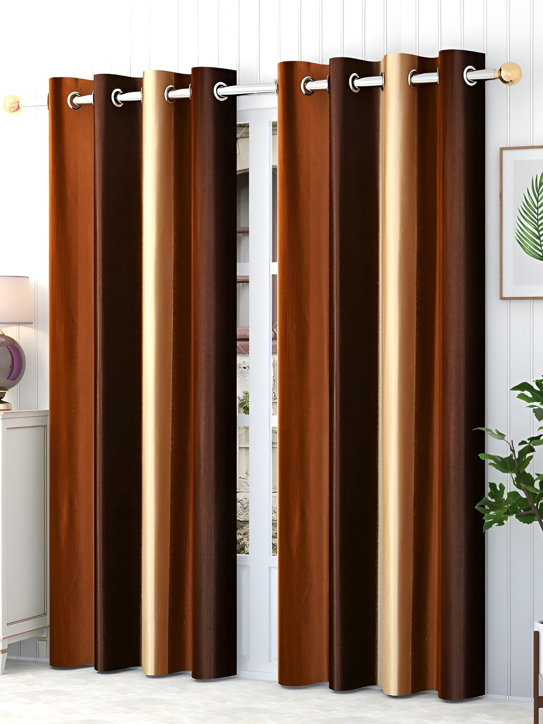

MSD DECOR HUB Brown & Beige 2 Pcs Striped Room Darkening Window Curtain