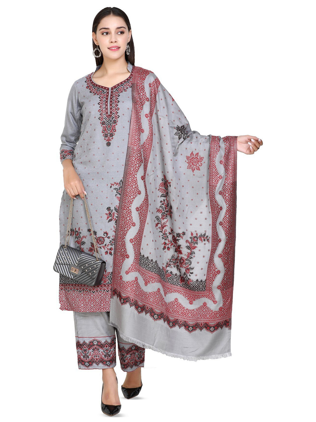 

KIDAR Floral Embroidered Unstitched Dress Material, Grey