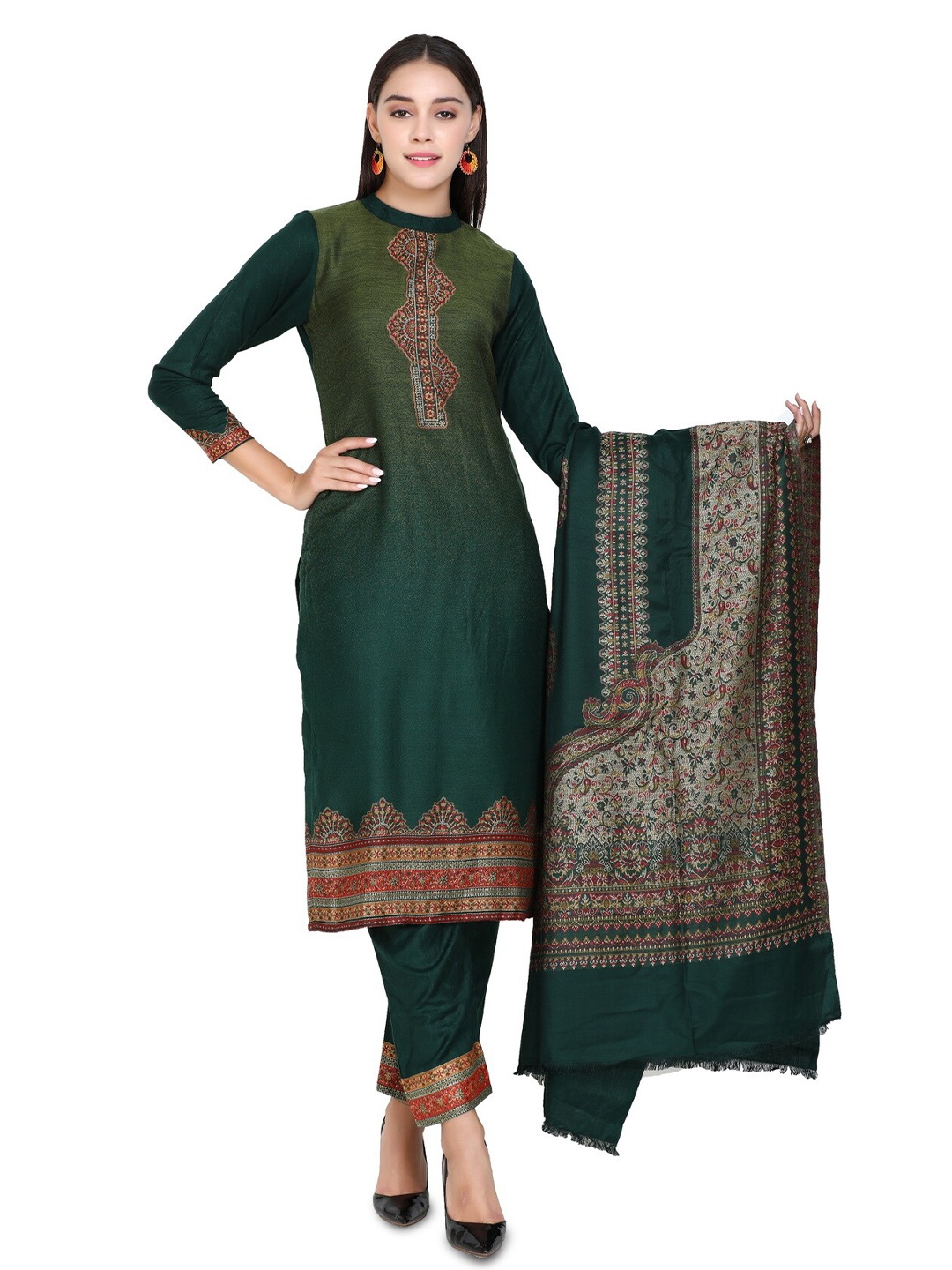 

KIDAR Floral Embroidered Unstitched Dress Material, Green