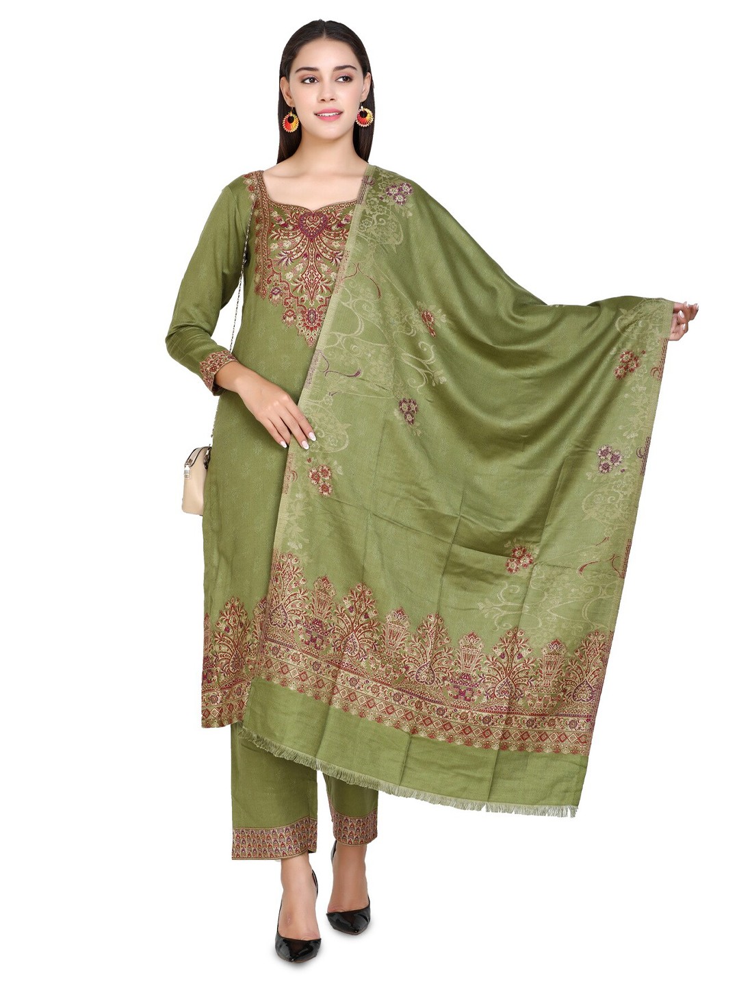 

KIDAR Floral Embroidered Unstitched Dress Material, Green