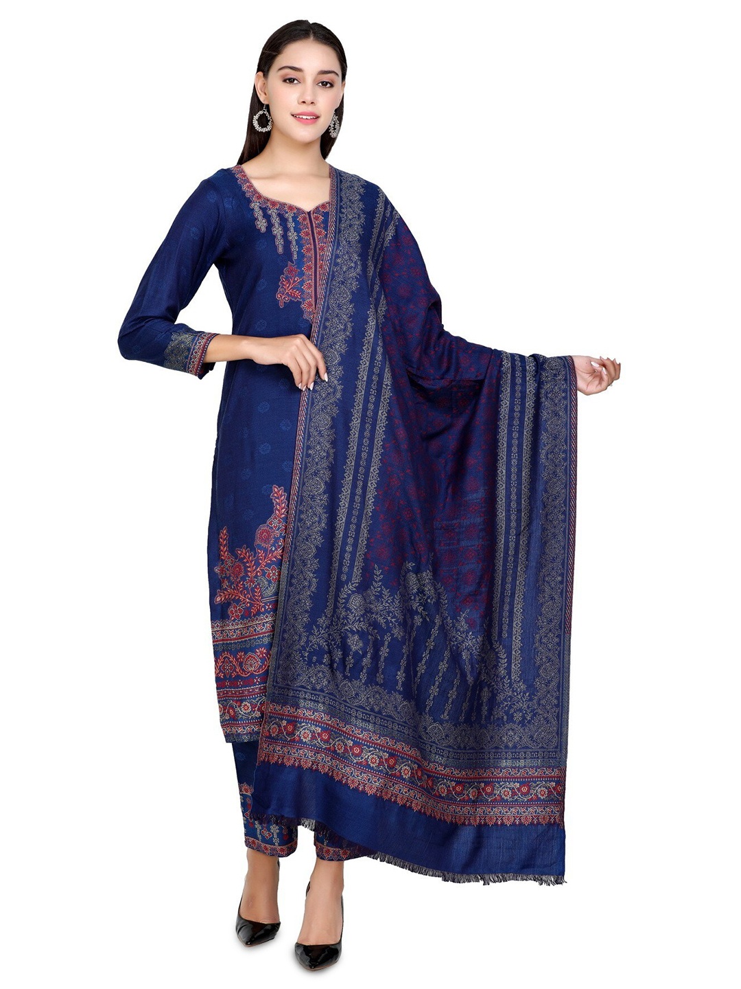 

KIDAR Woven Design Unstitched Dress Material, Navy blue