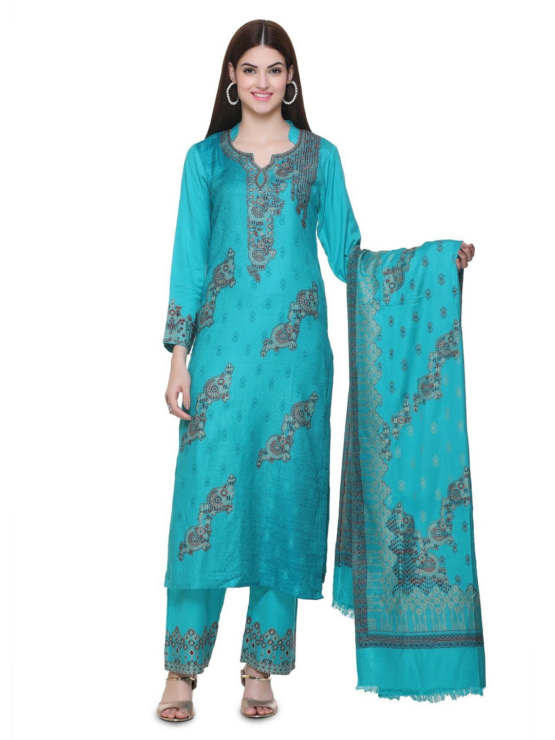 

KIDAR Turquoise Blue Embroidered Viscose Rayon Unstitched Dress Material