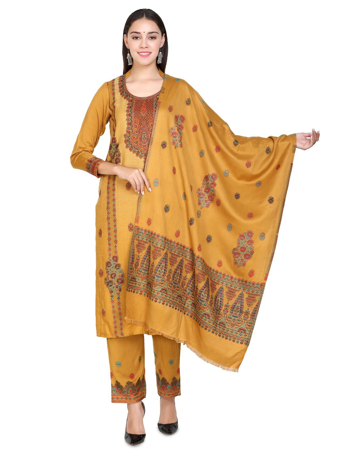 

KIDAR Mustard Embroidered Viscose Rayon Unstitched Dress Material