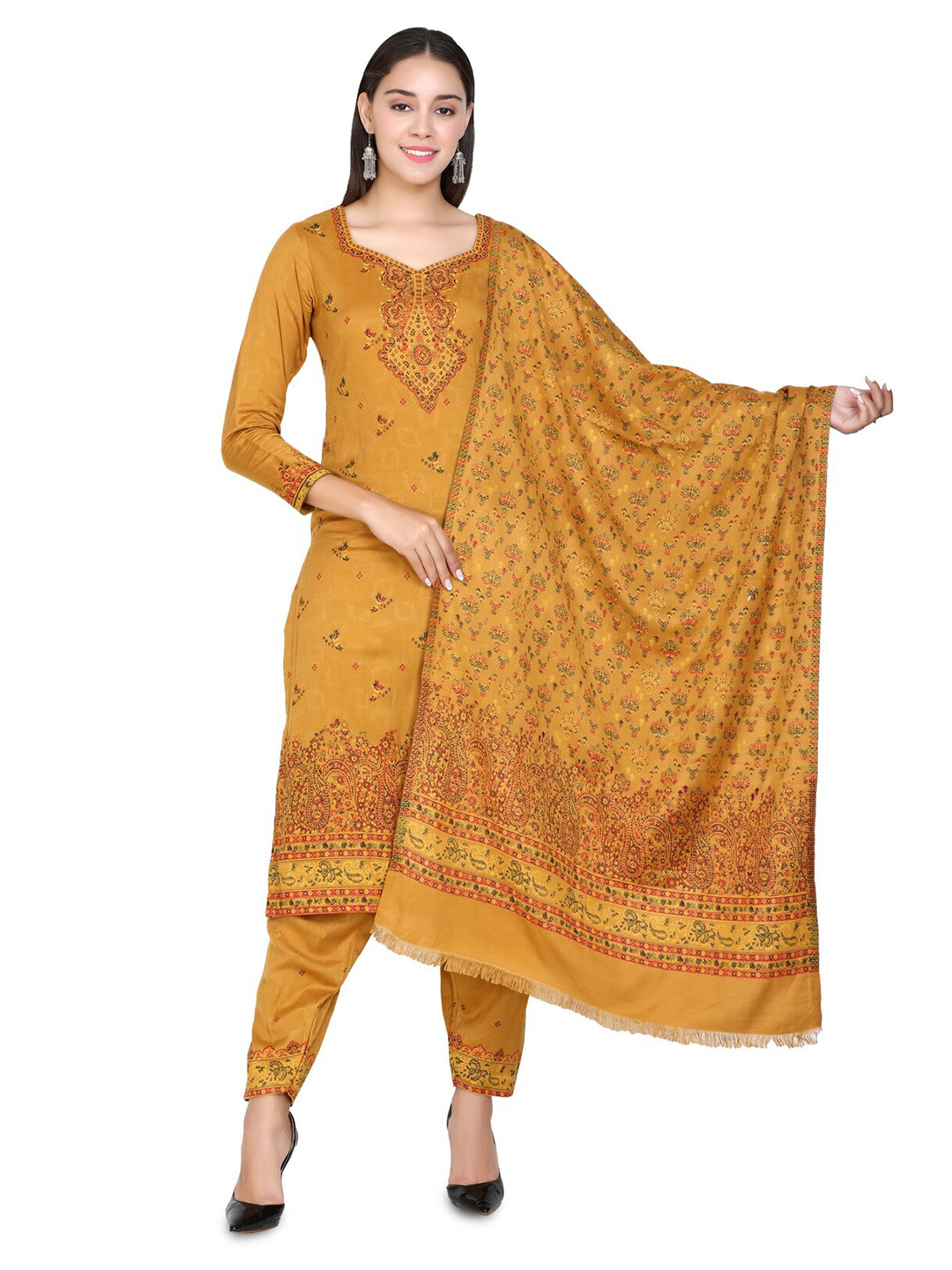 

KIDAR Mustard Embroidered Viscose Rayon Unstitched Dress Material