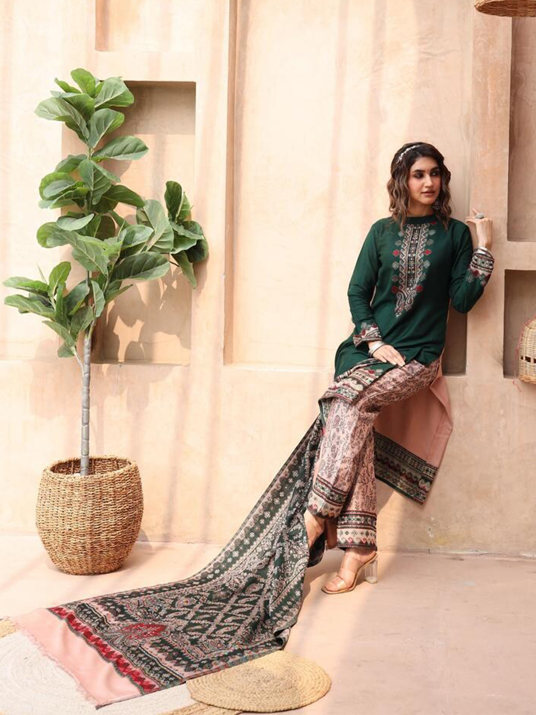 

KIDAR Ethnic Motifs Embroidered Unstitched Dress Material, Green