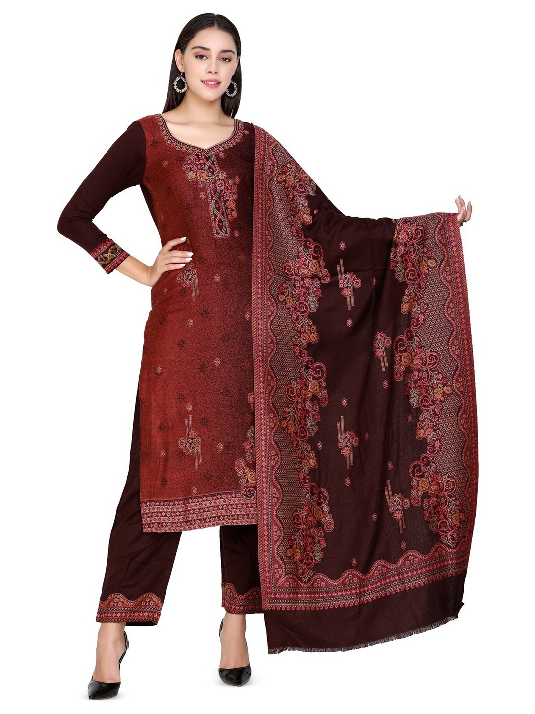 

KIDAR Floral Embroidered Unstitched Dress Material, Brown