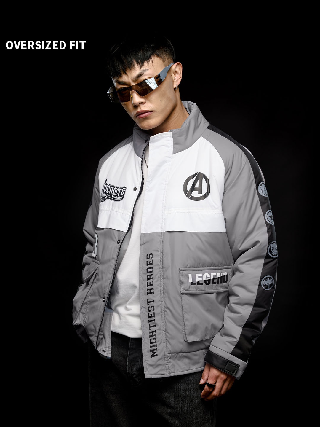 

The Souled Store Grey Avengers Graphic Printed Mock Collar Lightweight Bomber Jacket