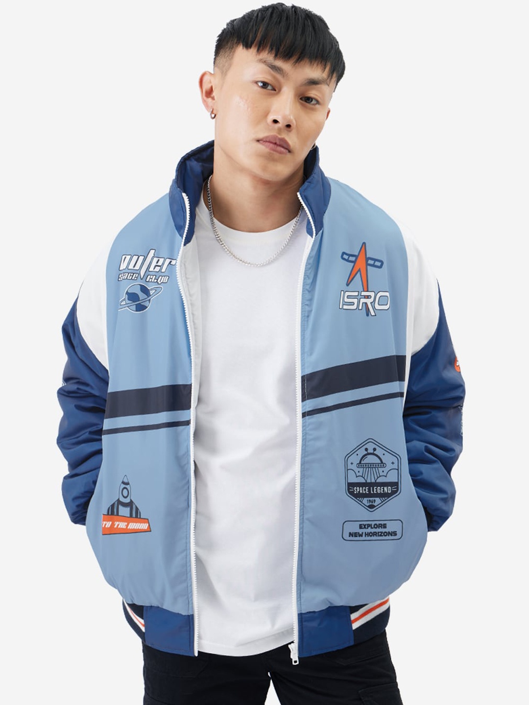 

The Souled Store Blue ISRO Typography Printed Mock Collar Lightweight Bomber Jacket