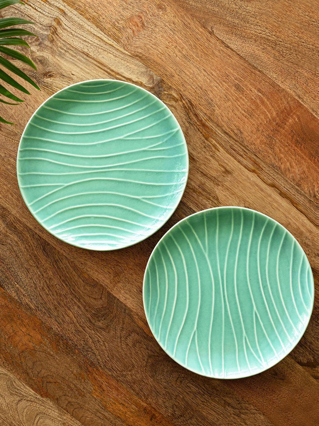 

ExclusiveLane Caribbean Green 2 Pieces Ceramic Glossy Dinner Plates, Sea green