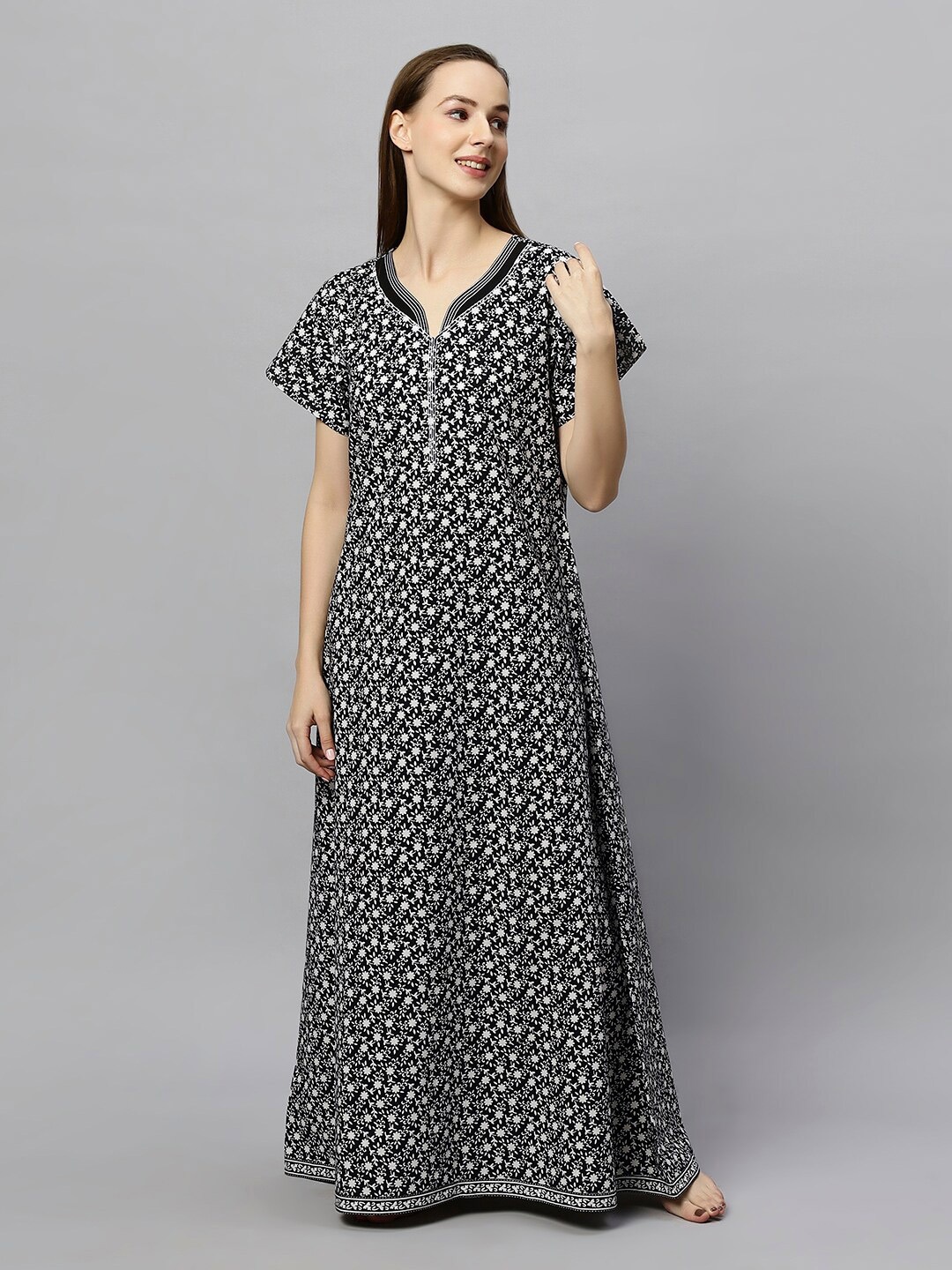 

ETC Black Floral Printed Pure Cotton Maxi Nightdress