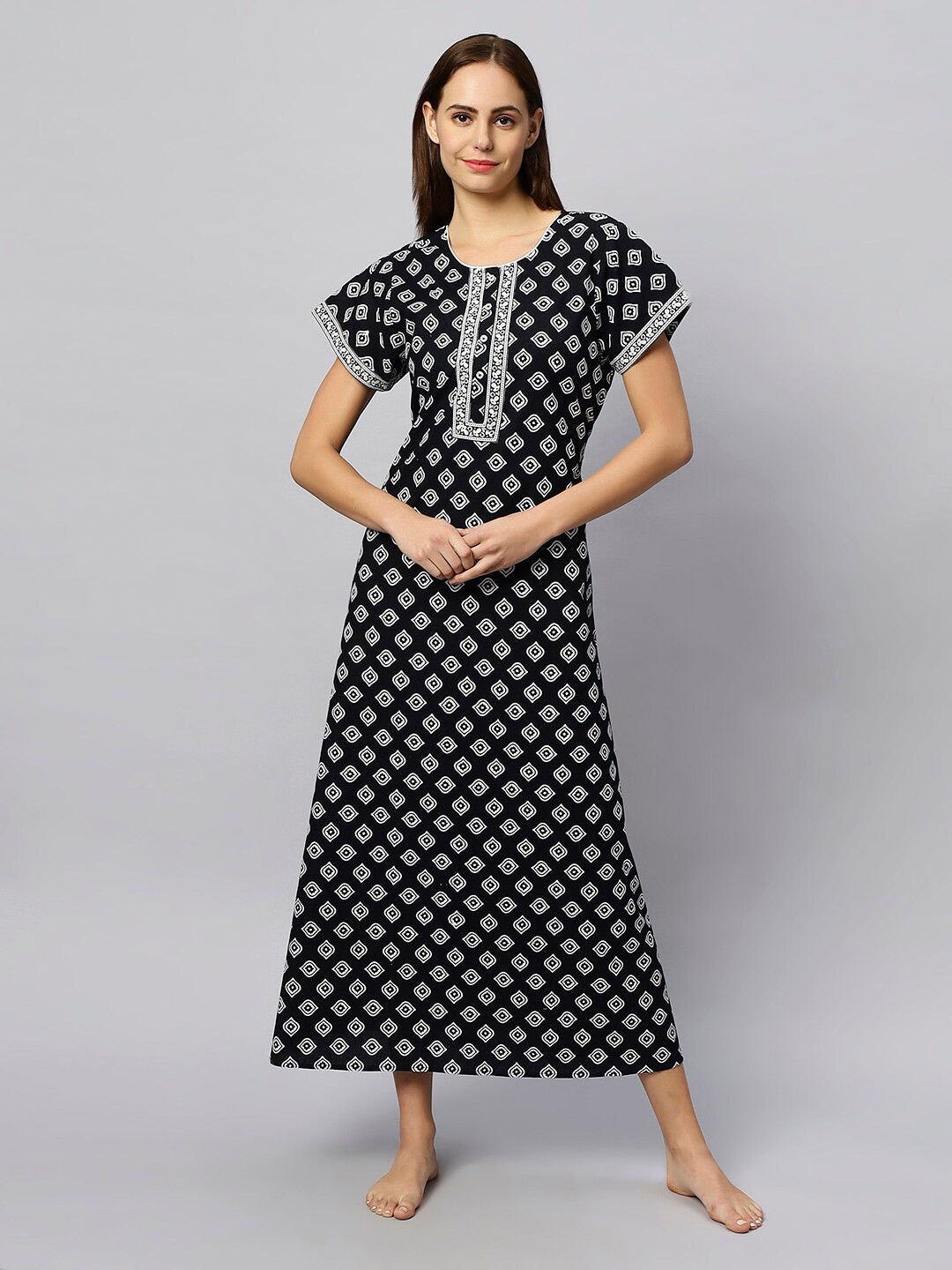

ETC Black Ethnic Motifs Printed Pure Cotton Maxi Nightdress