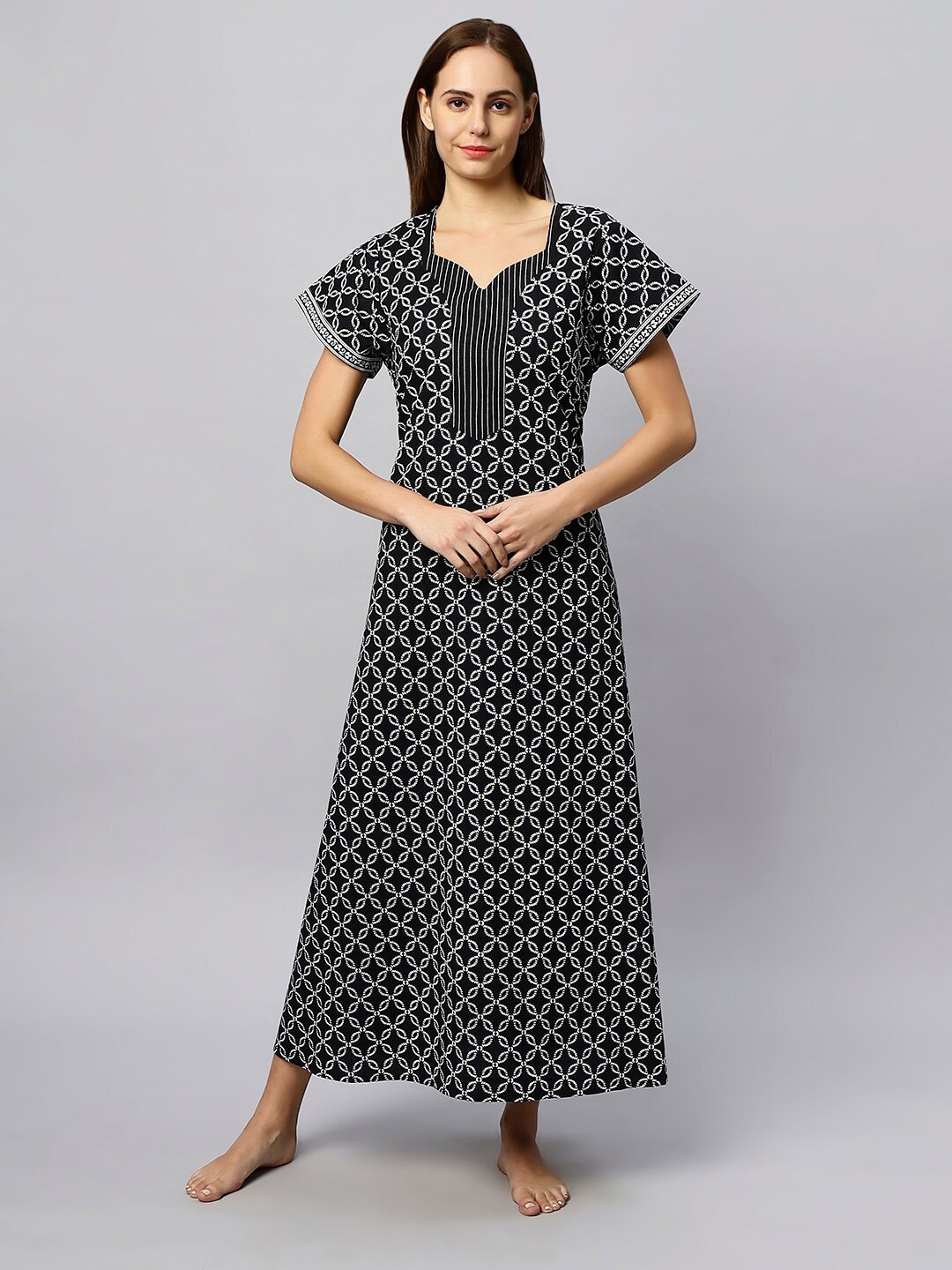 

ETC Black Geometric Printed Pure Cotton Maxi Nightdress