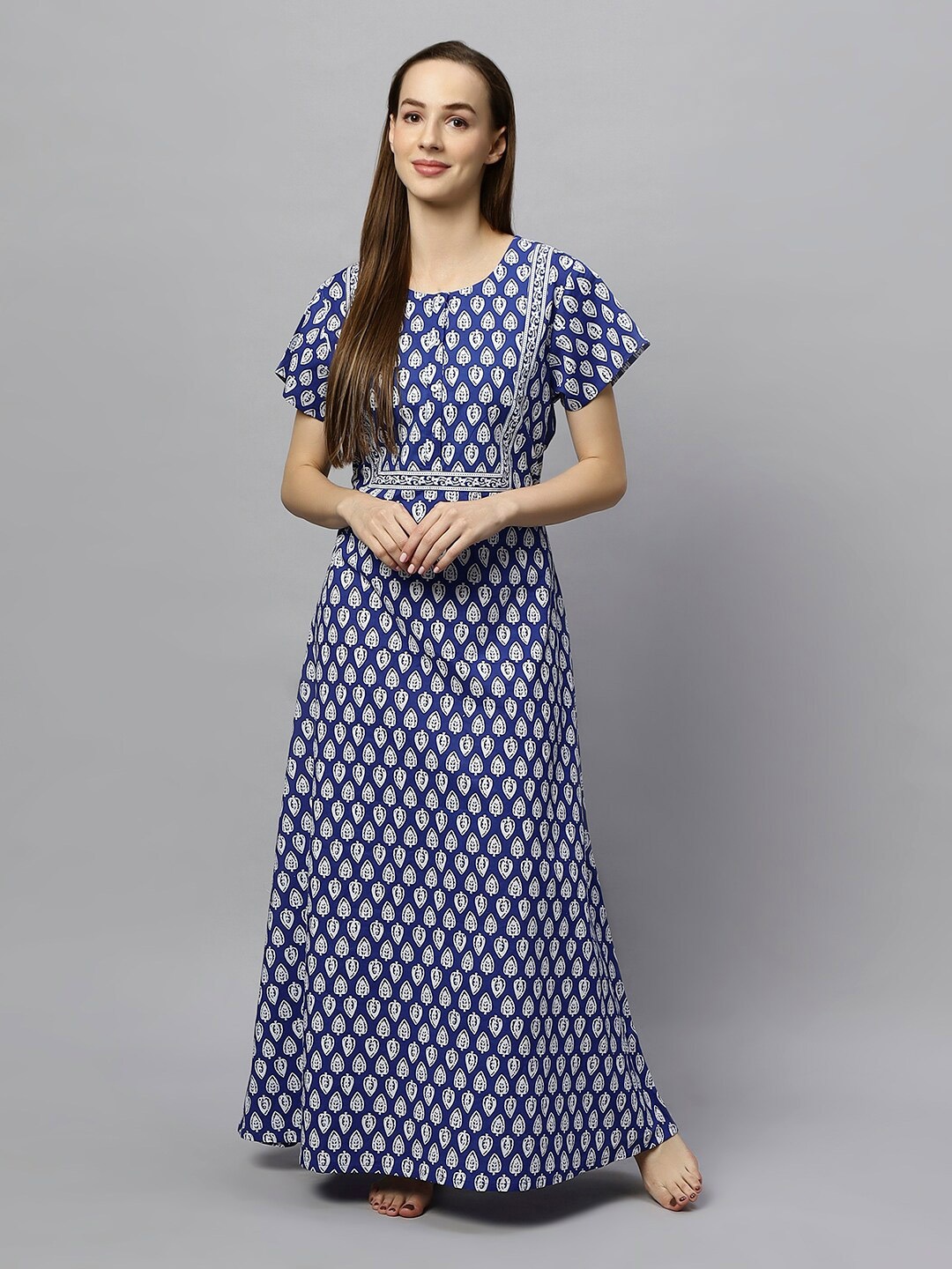 

ETC Blue Ethnic Motifs Printed Pure Cotton Maxi Nightdress