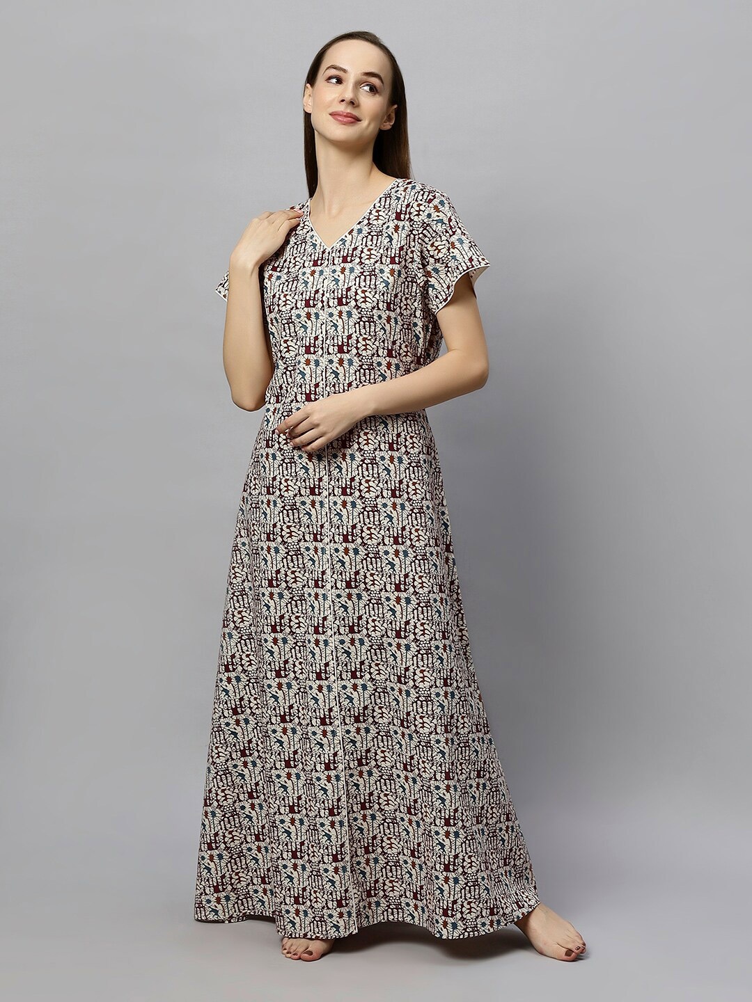 

ETC Abstract Printed V-Neck Pure Cotton Nightdress, Maroon