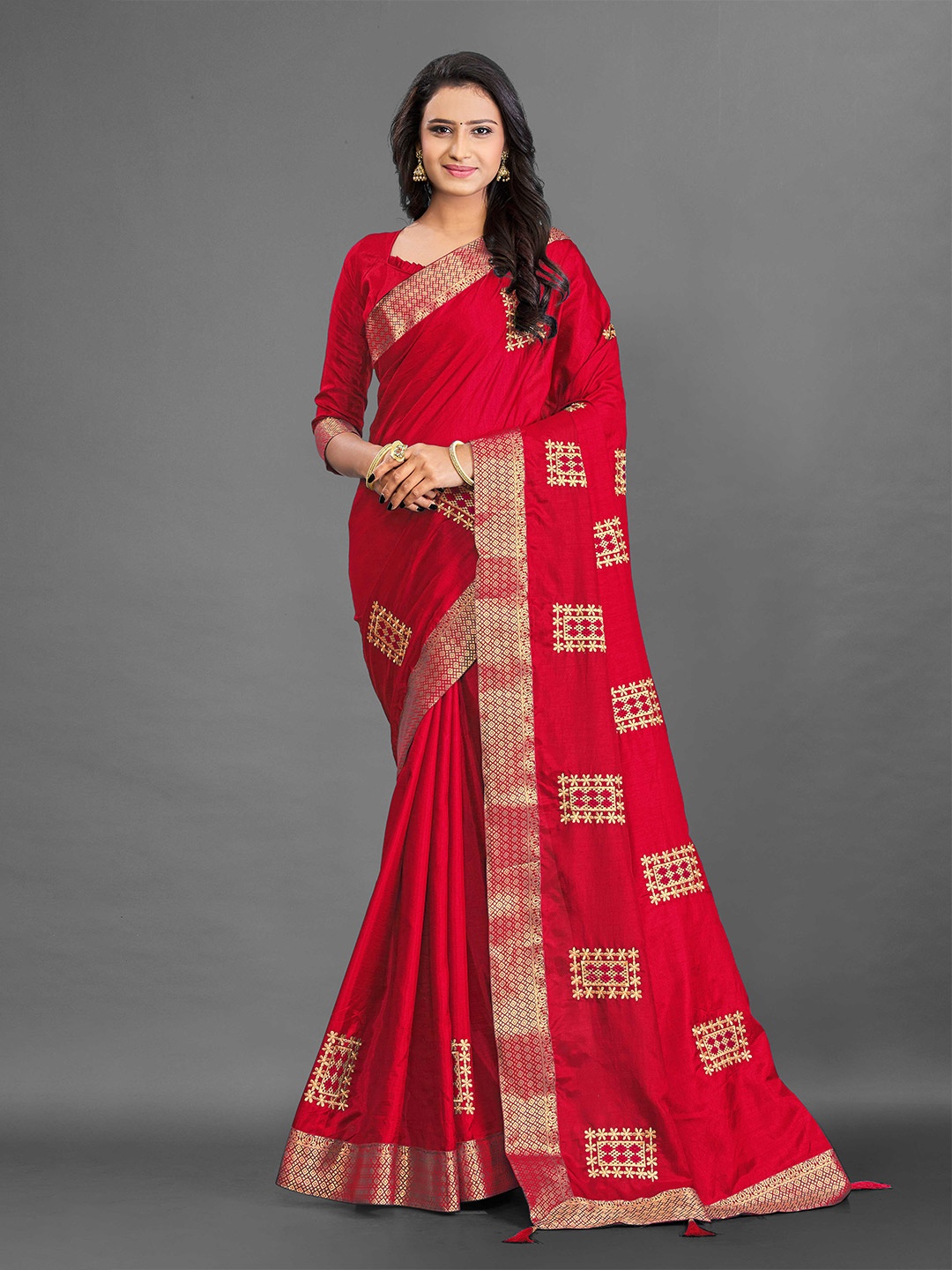 

Fashion Ritmo Ethnic Motifs Embroidered Zari Saree, Red