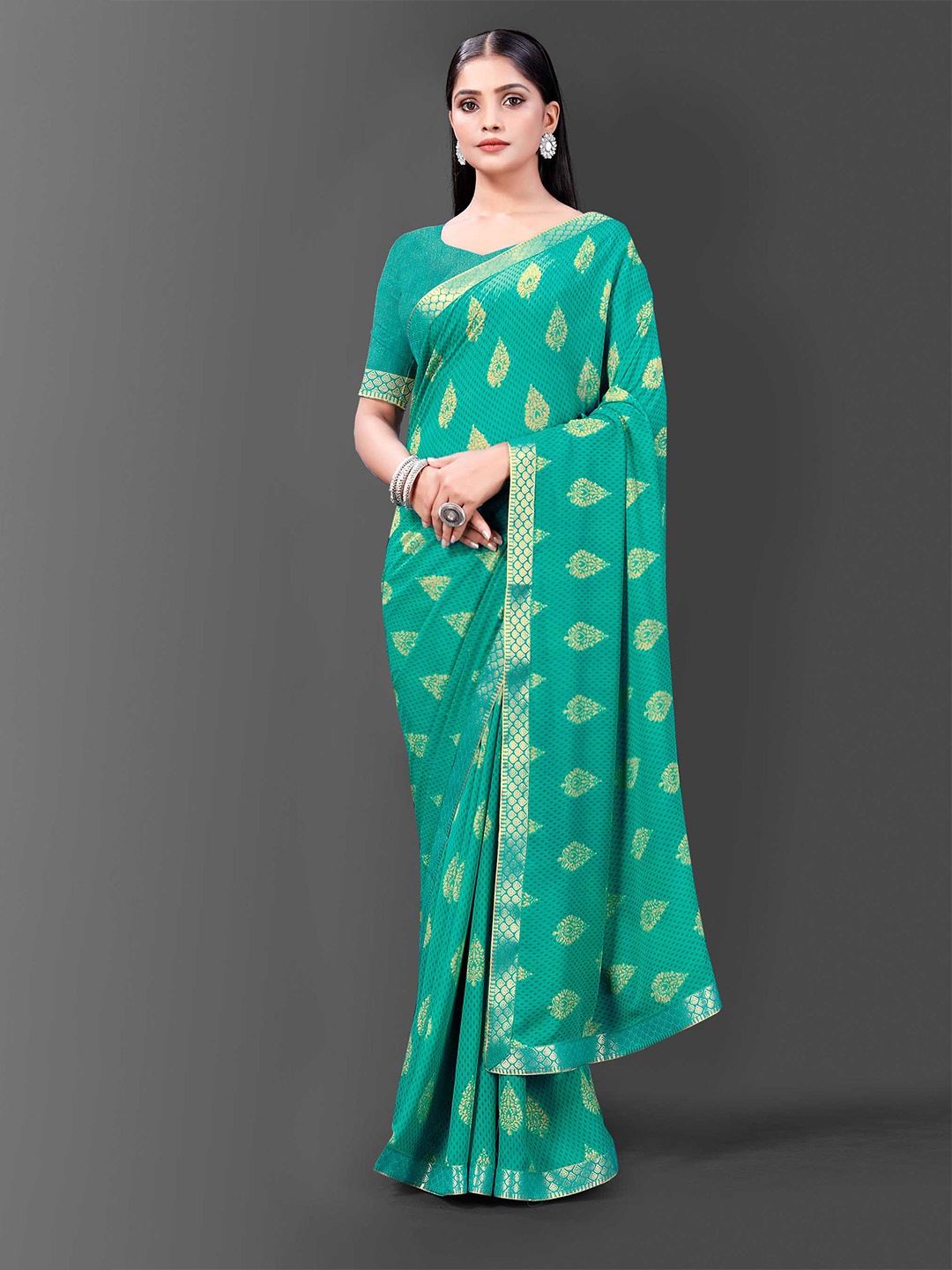 

Fashion Ritmo Ethnic Motifs Printed Zari Georgette Saree, Sea green