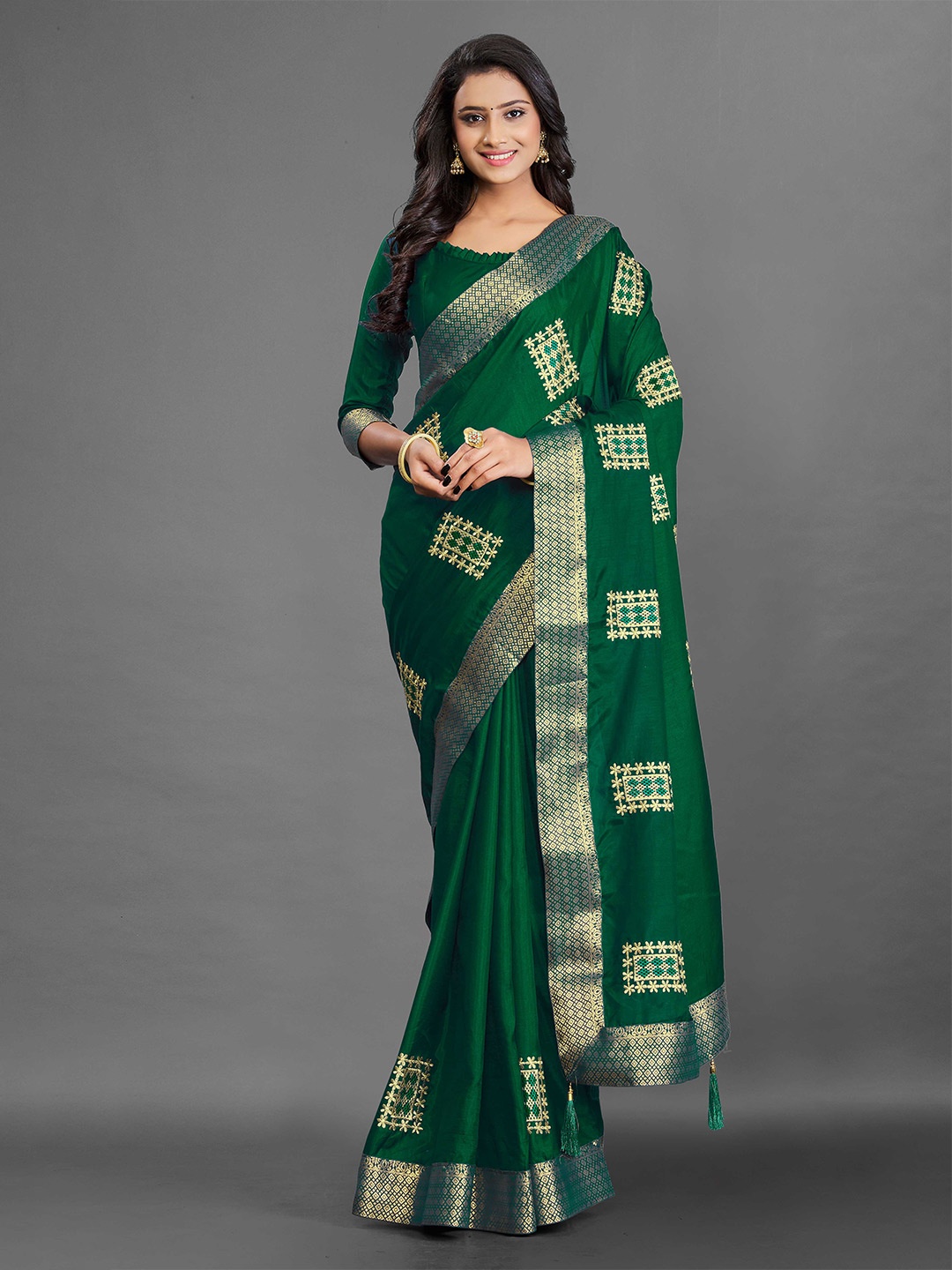 

Fashion Ritmo Ethnic Motifs Embroidered Zari Saree, Green