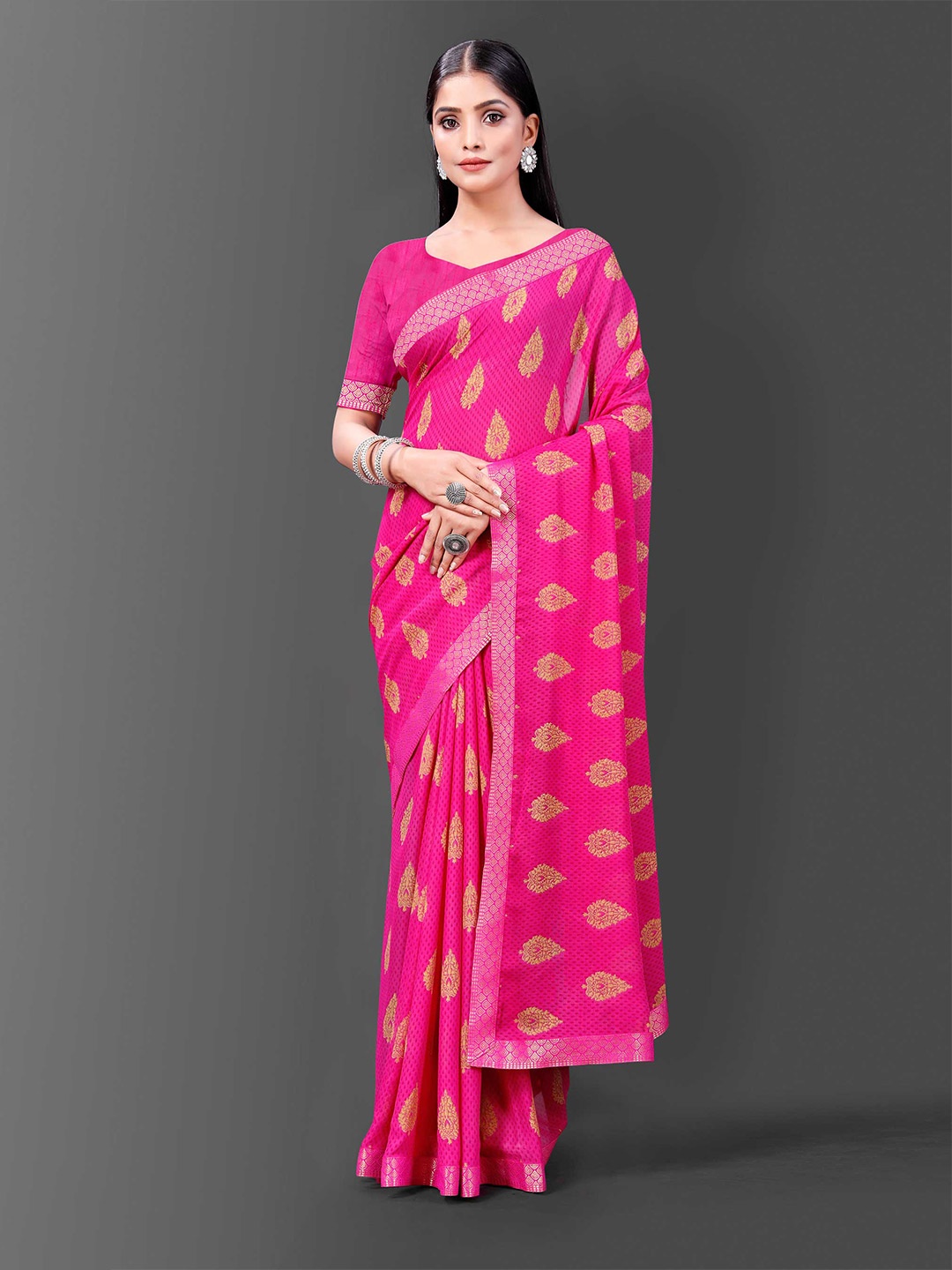 

Fashion Ritmo Ethnic Motifs Woven Design Zari Georgette Leheriya Saree, Pink