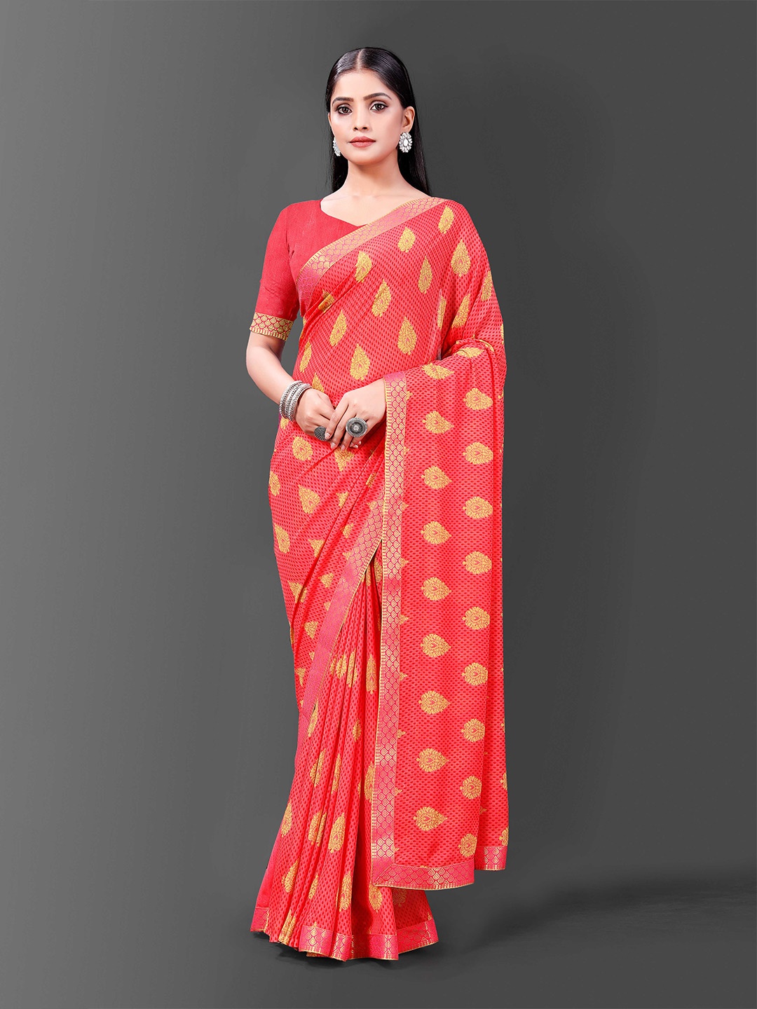 

Fashion Ritmo Ethnic Motifs Woven Design Zari Georgette Leheriya Saree, Peach