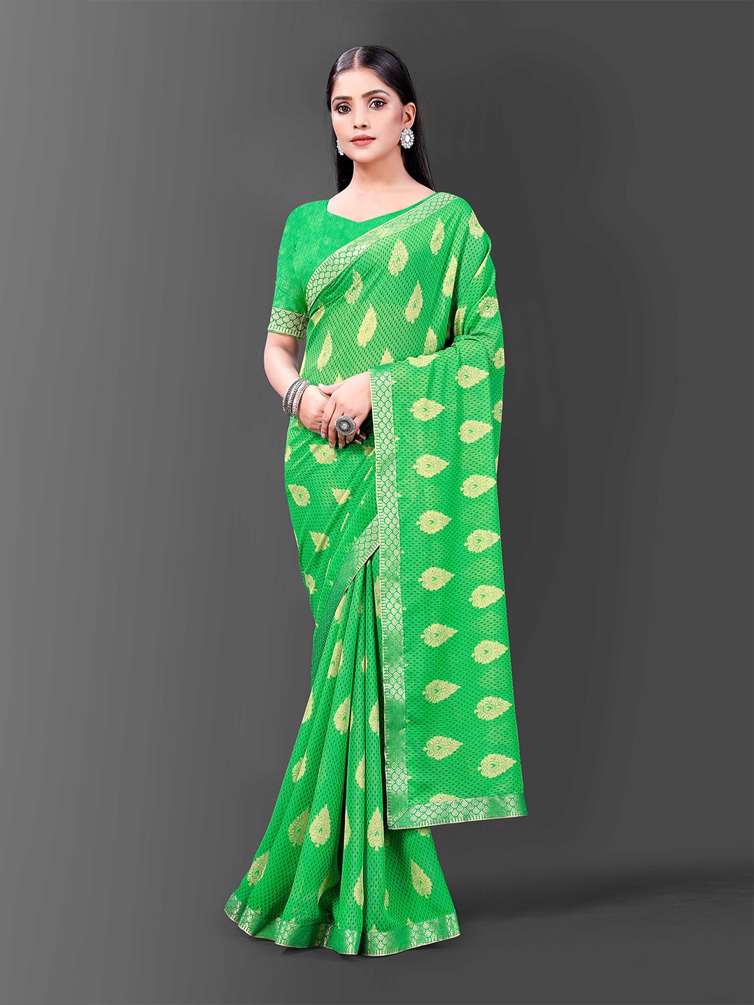 

Fashion Ritmo Ethnic Motifs Woven Design Zari Georgette Leheriya Saree, Green