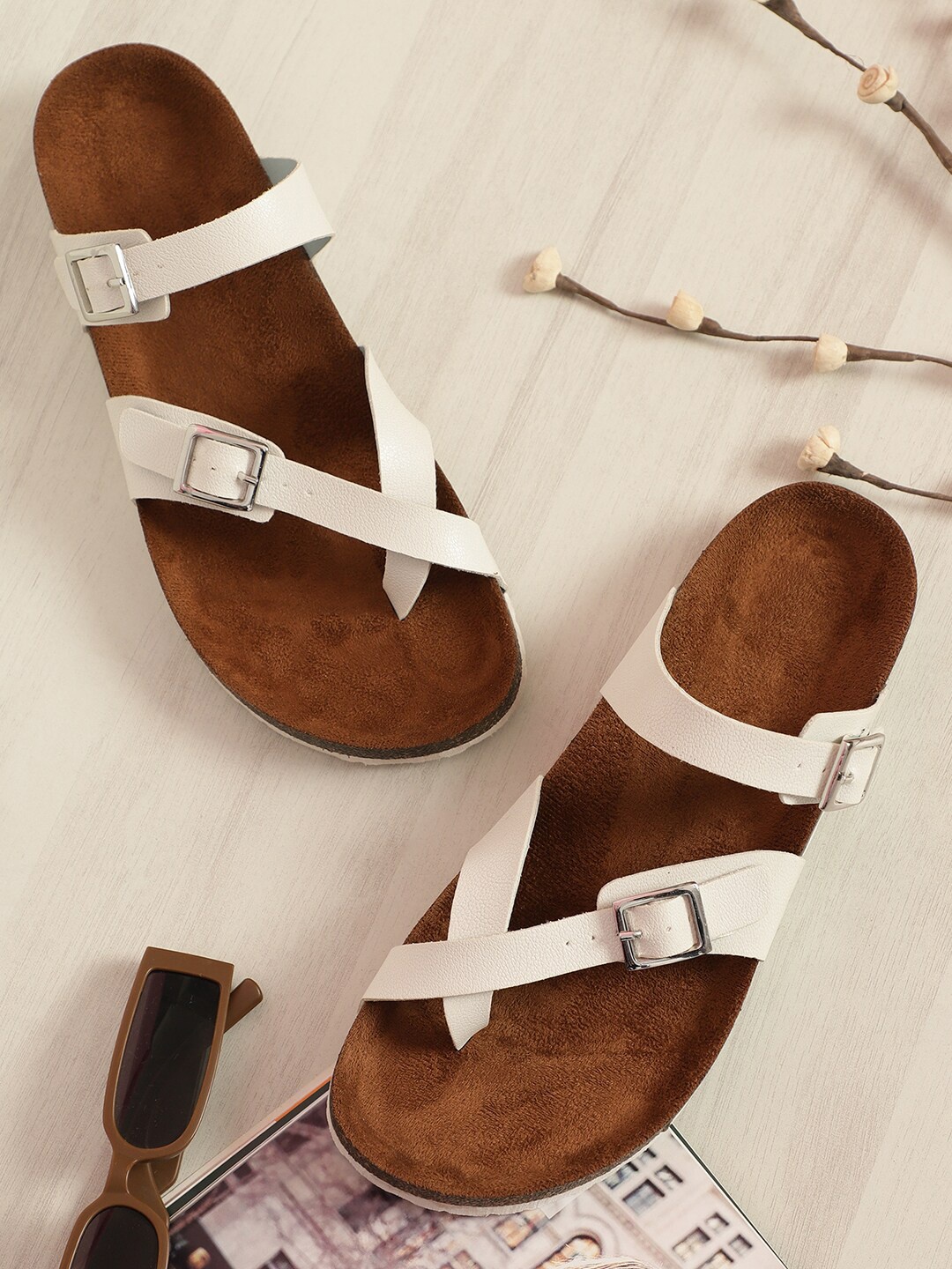

MOZAFIA One Toe Flats With Buckle Detail, White