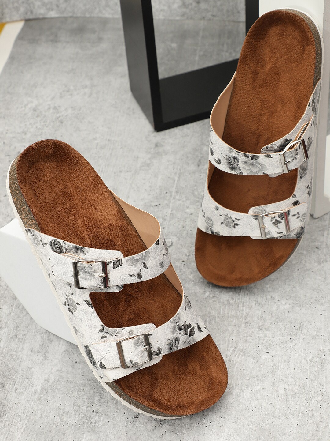 

MOZAFIA Printed Two Strap Open Toe Flats With Buckle Detail, White