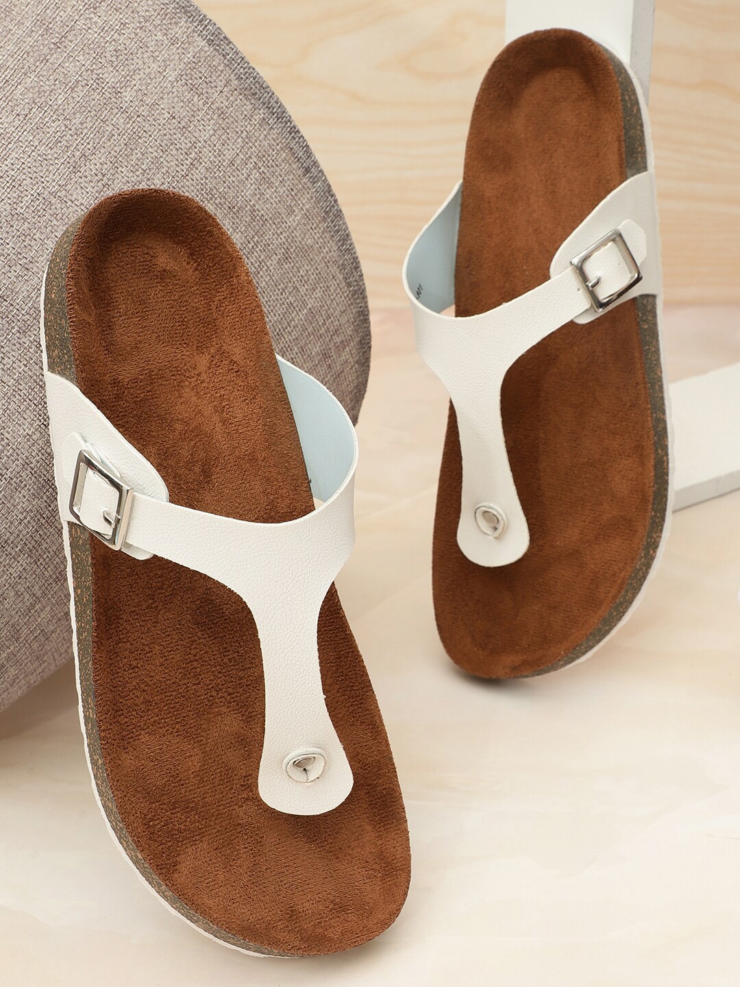 

MOZAFIA T-Strap Flats With Buckle Detail, White