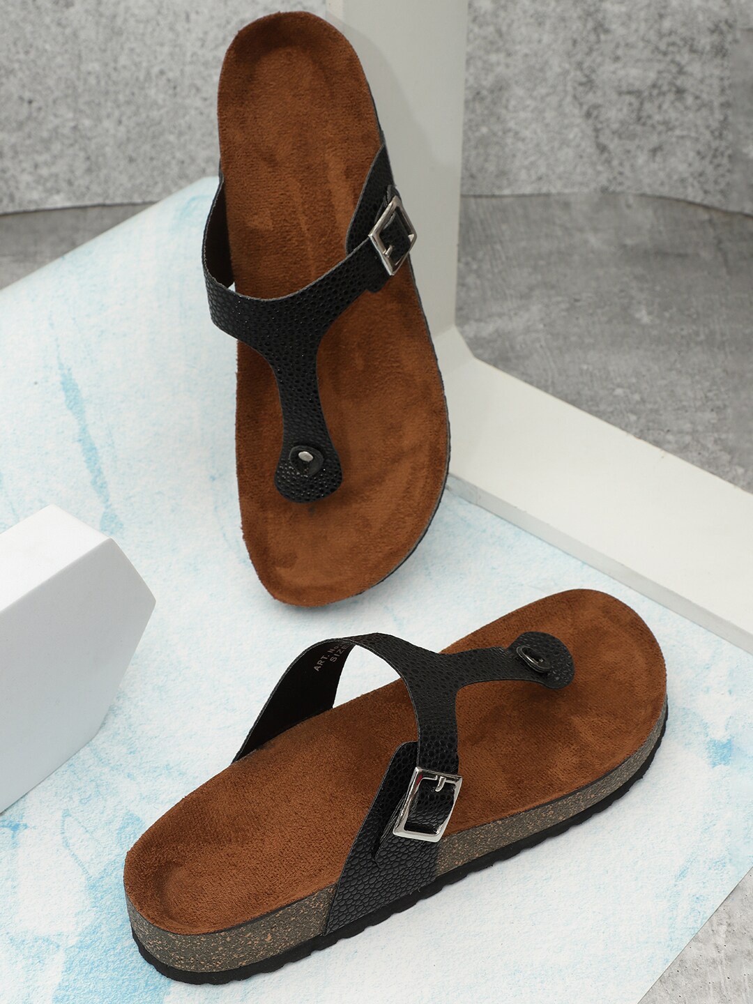 

MOZAFIA Textured T- Strap Flats With Buckle Closure, Black