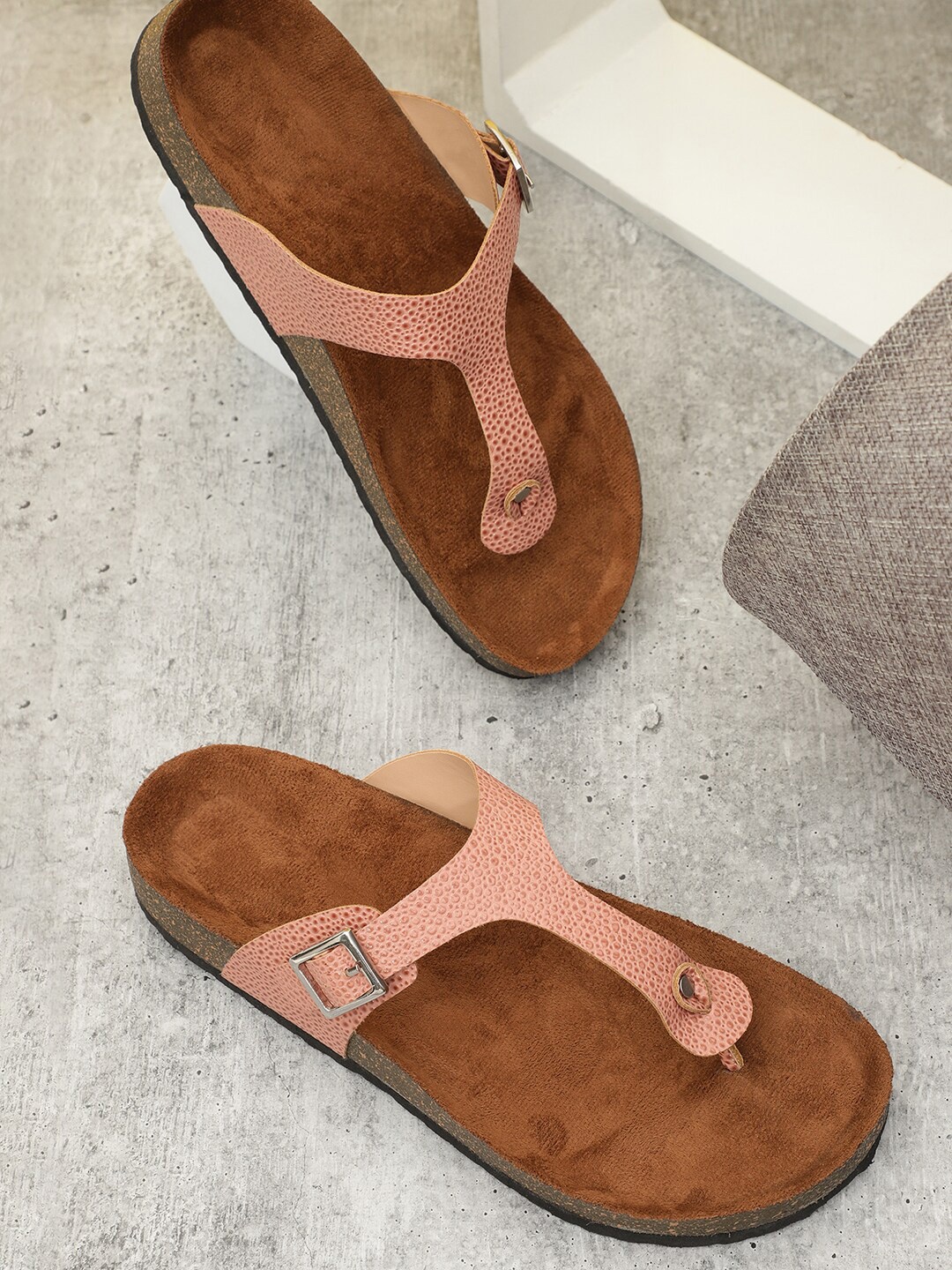 

MOZAFIA Textured T-Strap Flats With Buckle Detail, Pink