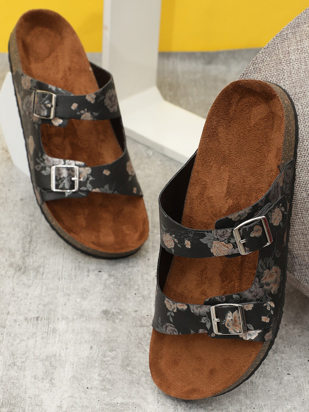 

MOZAFIA Printed Two Strap Open Toe Flats With Buckle Detail, Black